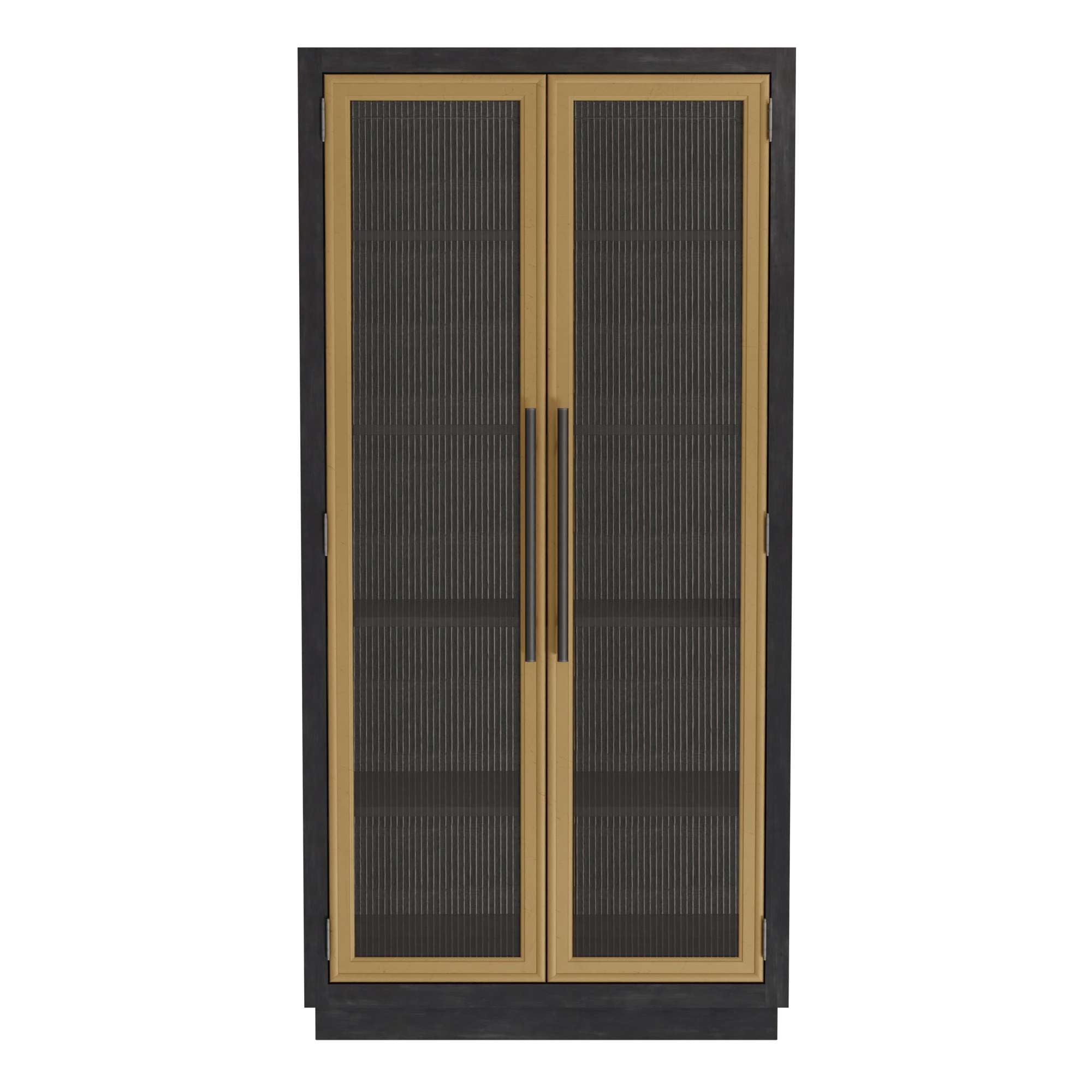 Double-door cabinet with black frame and gold accents