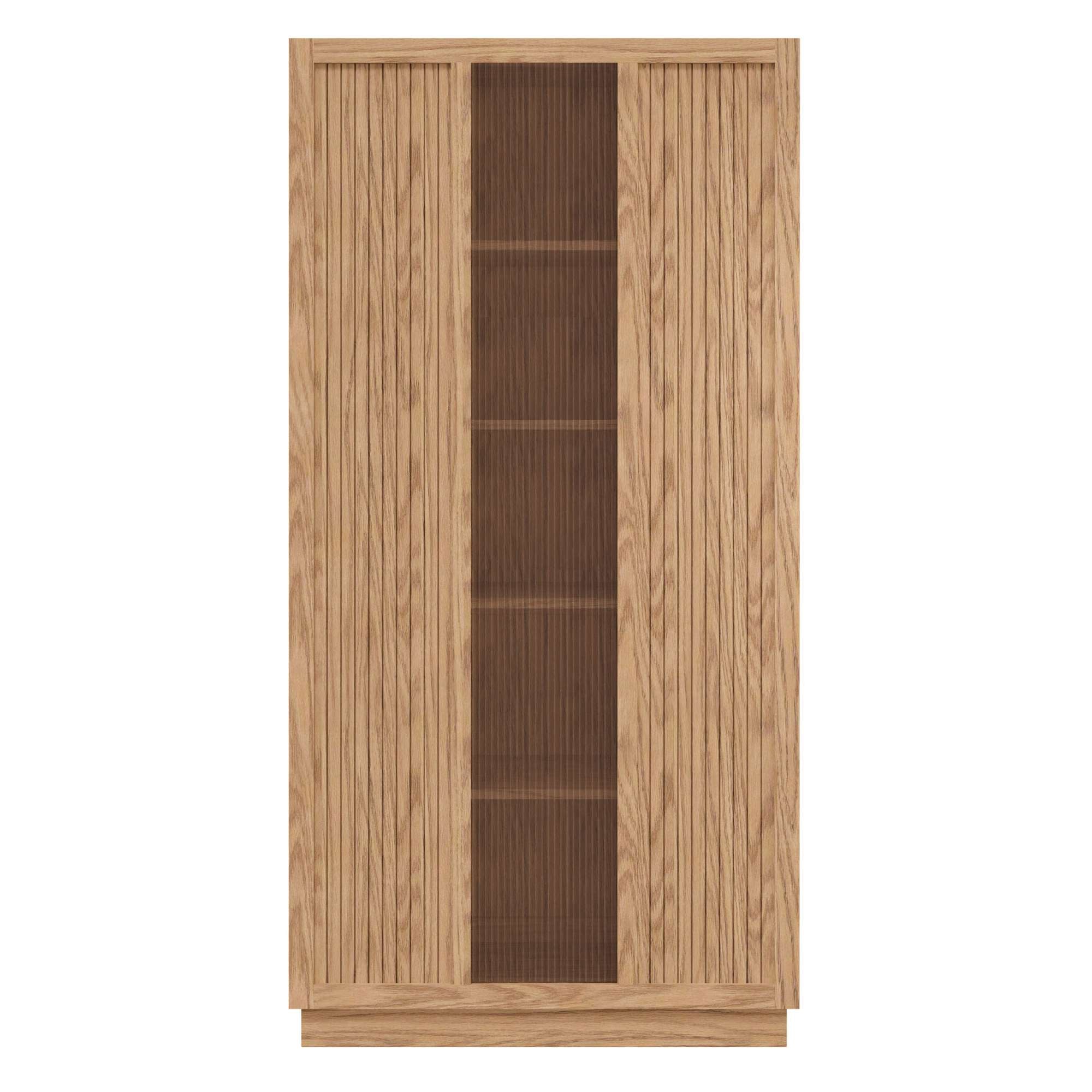 Wooden cabinet with a textured front and glass panels.