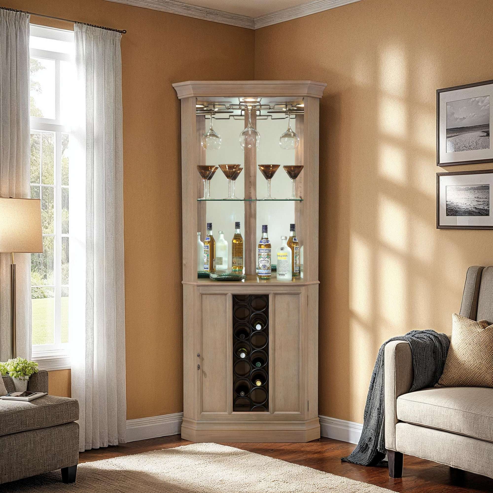Corner cabinet displaying bottles and glassware in a stylish living room setting