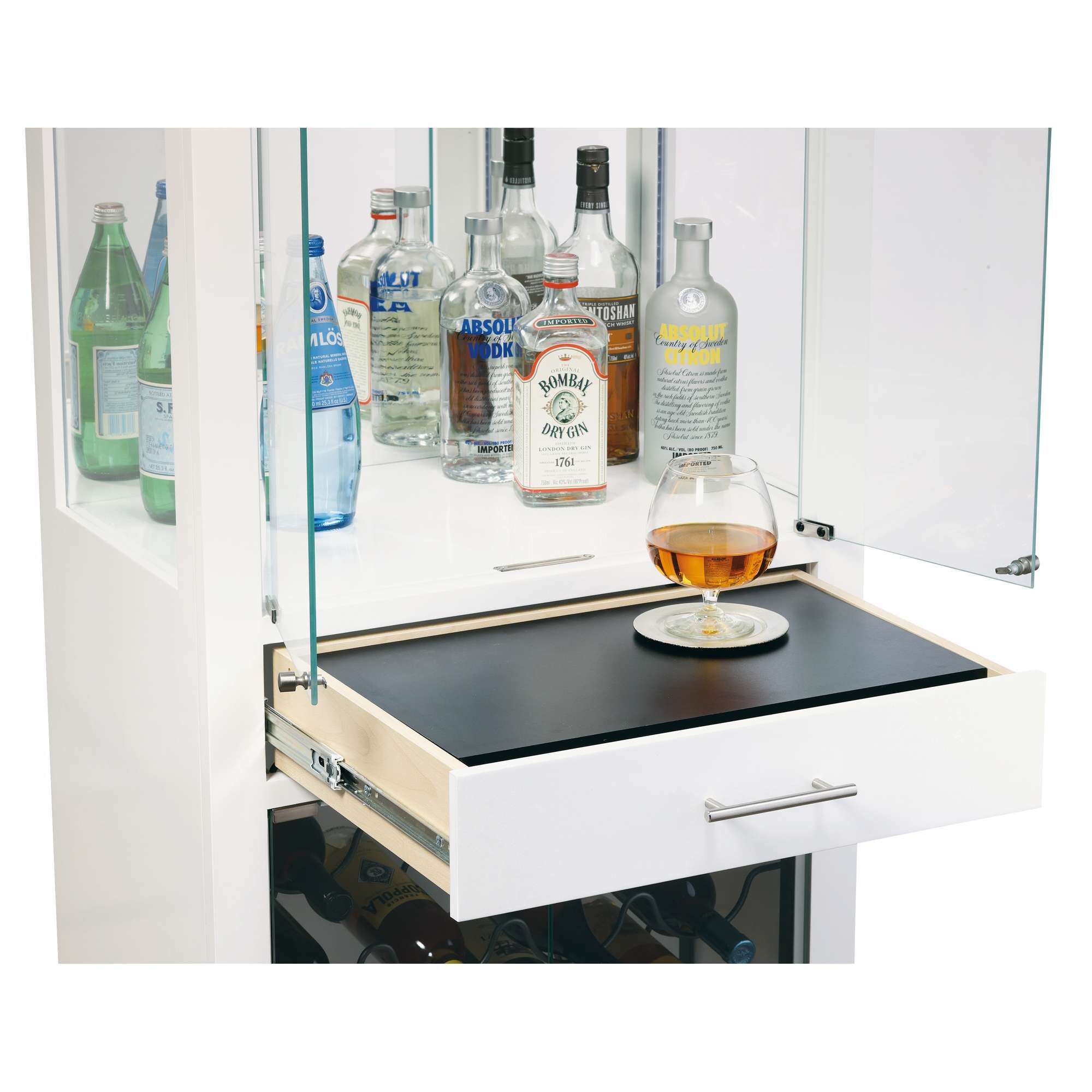 Modern bar cabinet showcasing a variety of liquor bottles with a serving tray and glass of drink
