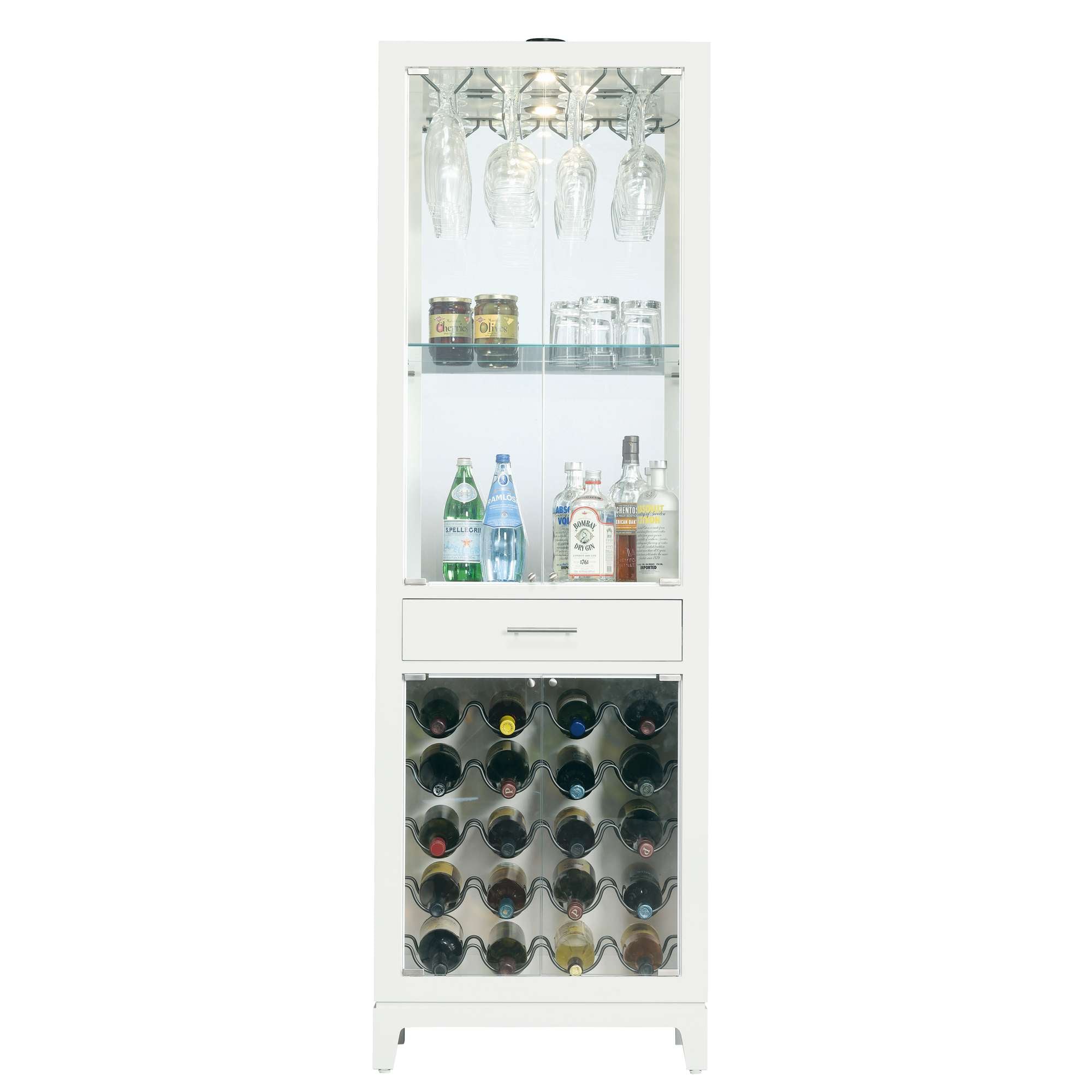 A tall, white beverage cabinet displaying glasses and various drinks, with a lower section for wine storage.