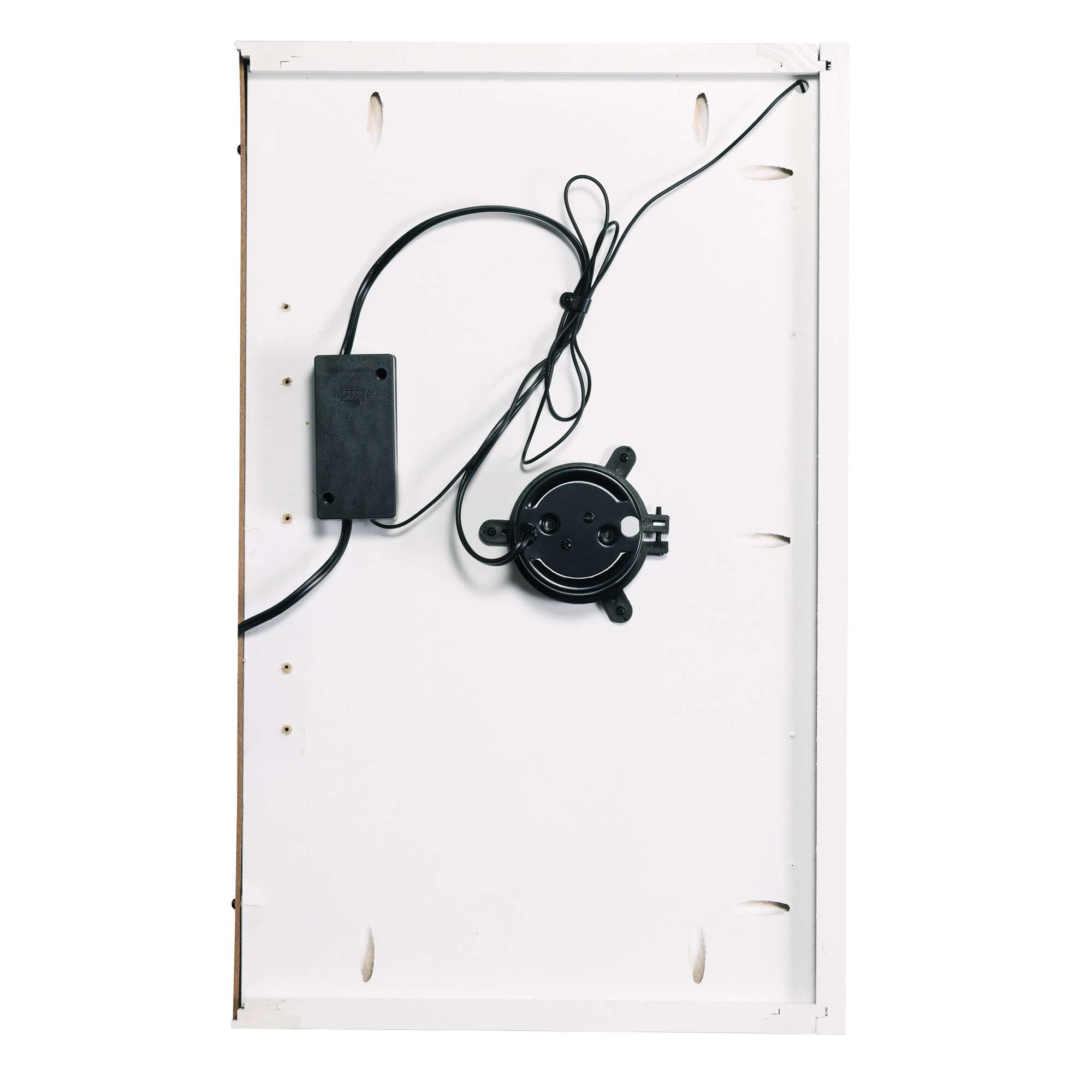 Back view of a framed piece with a power cord and control mechanism.