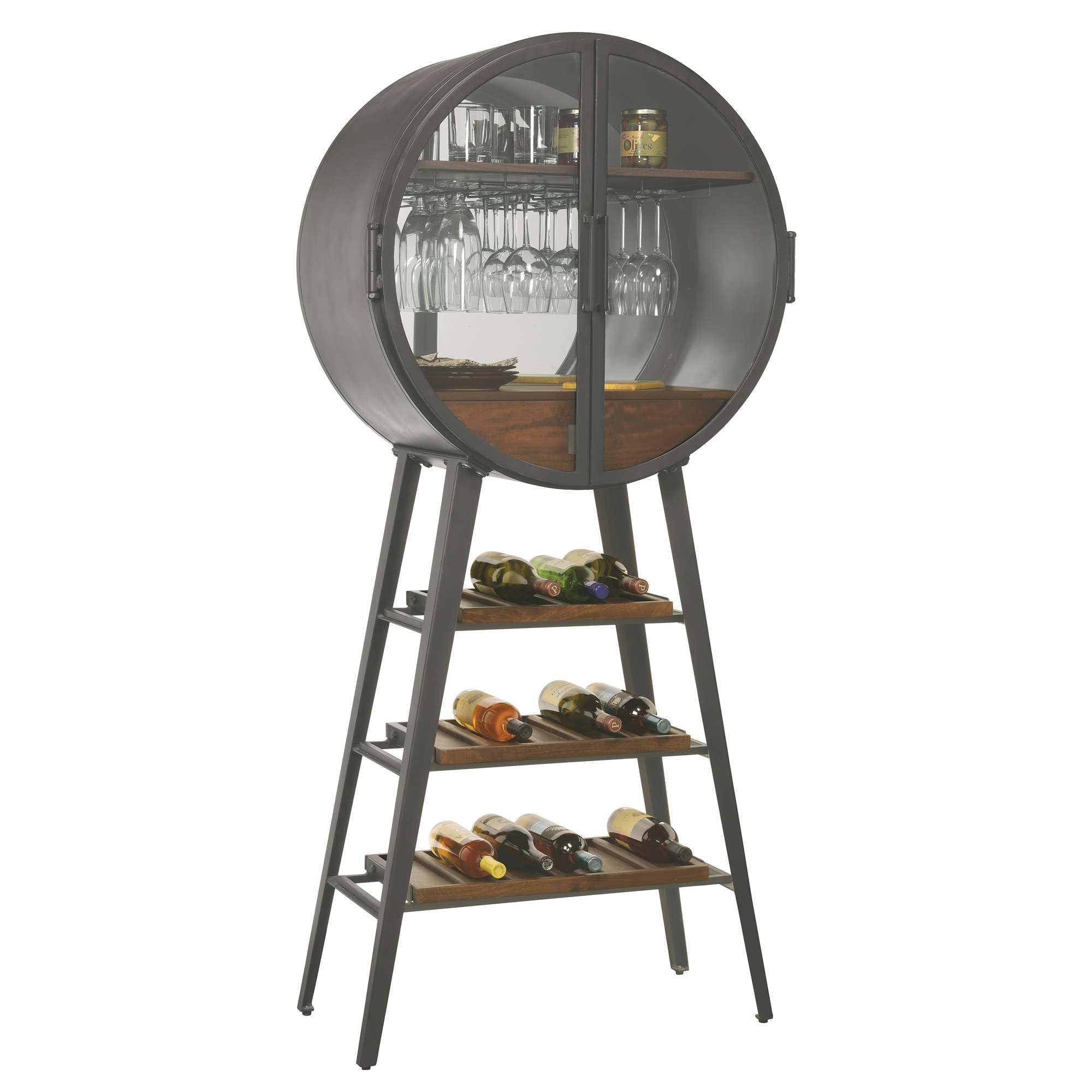 A modern bar cabinet with a circular glass front, displaying wine glasses, and featuring shelves with various bottles and accessories.