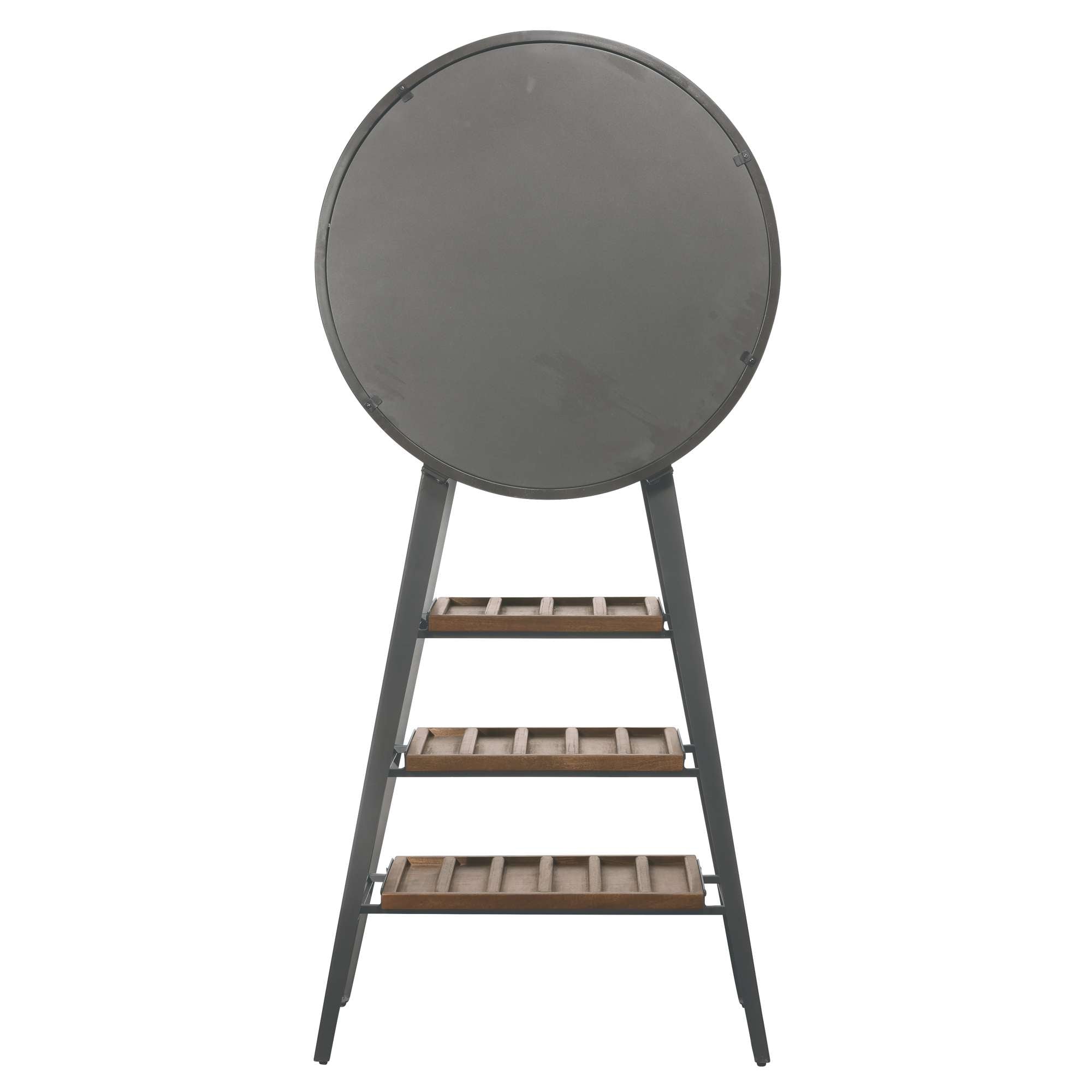 A modern round table with a wooden shelf and ladder-style legs.