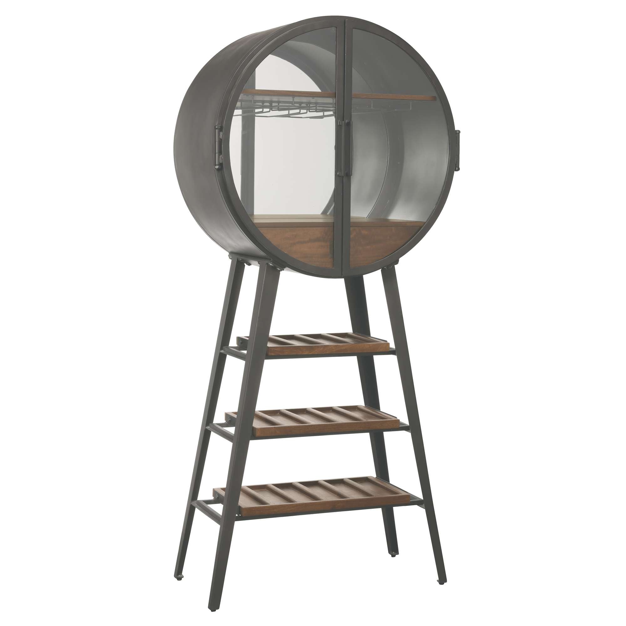 Industrial style shelving unit with a circular top and wooden shelves.