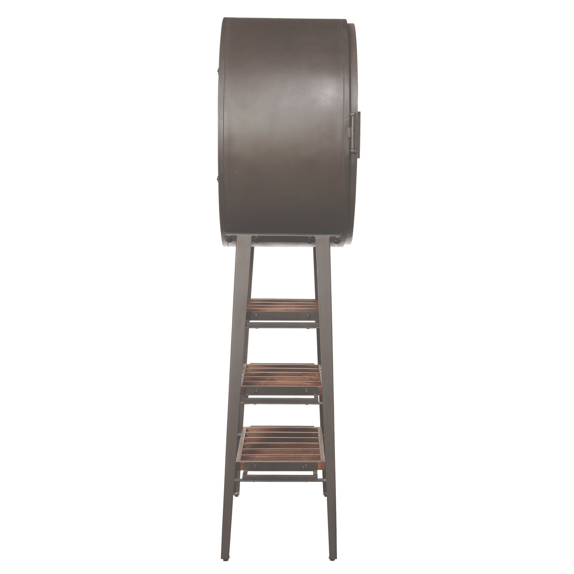 A vertical wooden ladder with a large circular drum at the top.