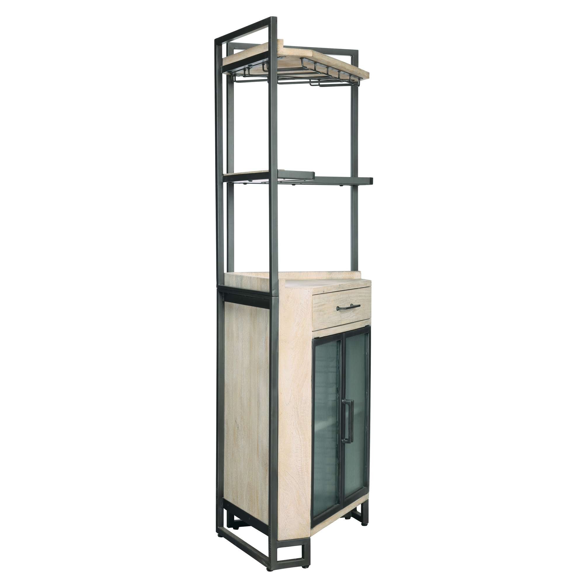 Tall kitchen storage cabinet with metal frame and wooden shelves