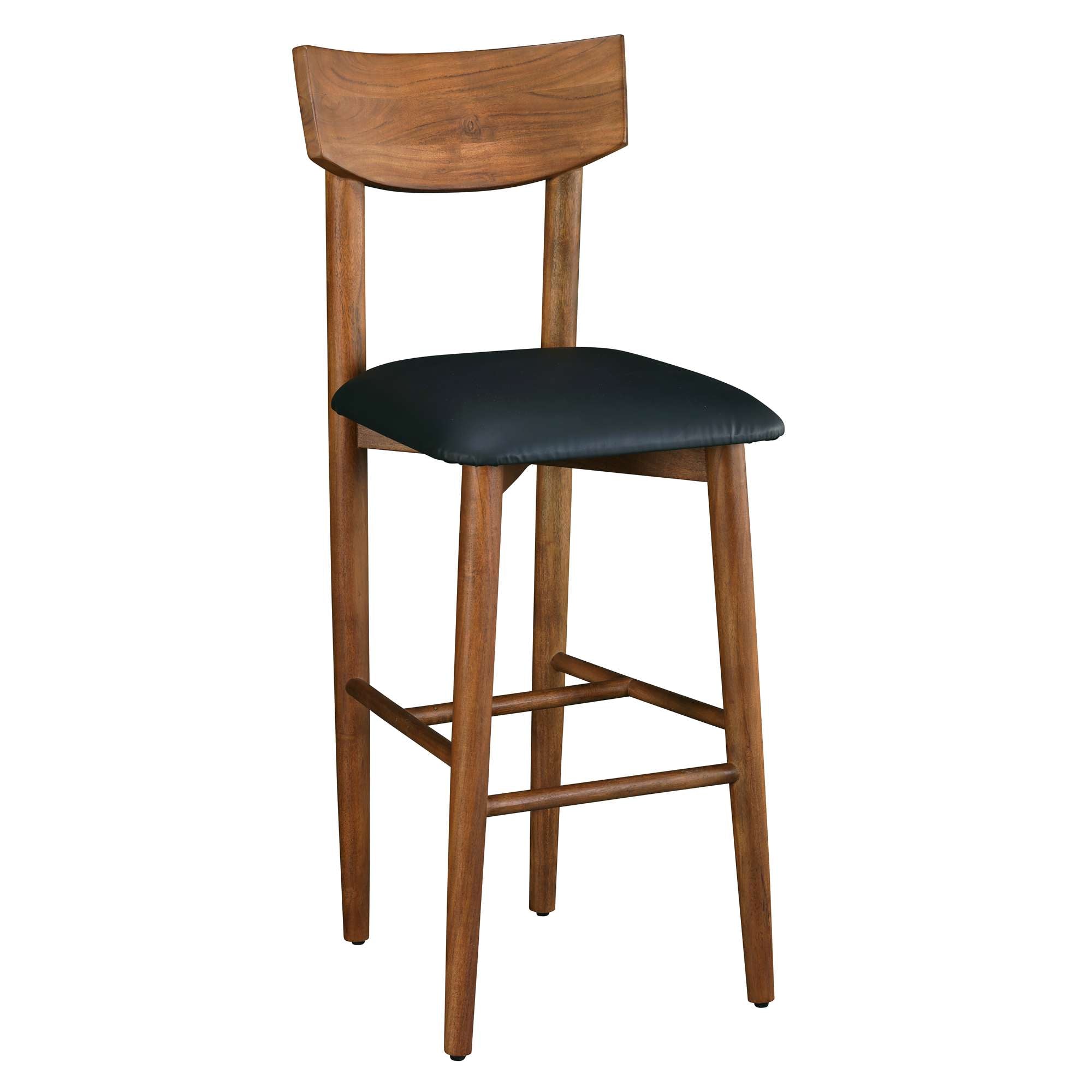 Wooden bar stool with a black cushioned seat