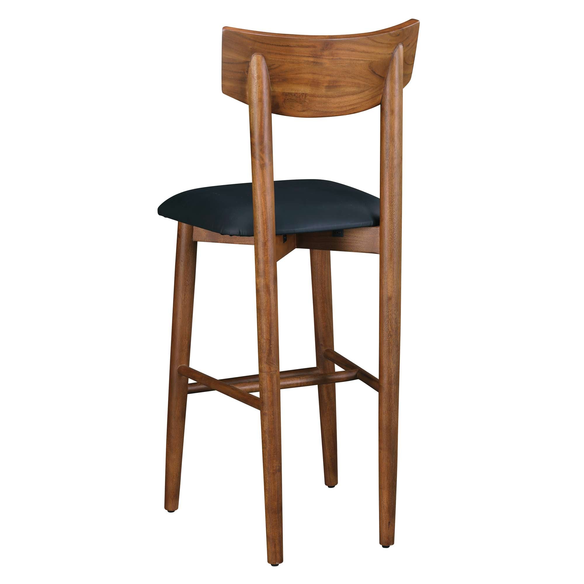 Wooden bar stool with a black seat, viewed from the back.