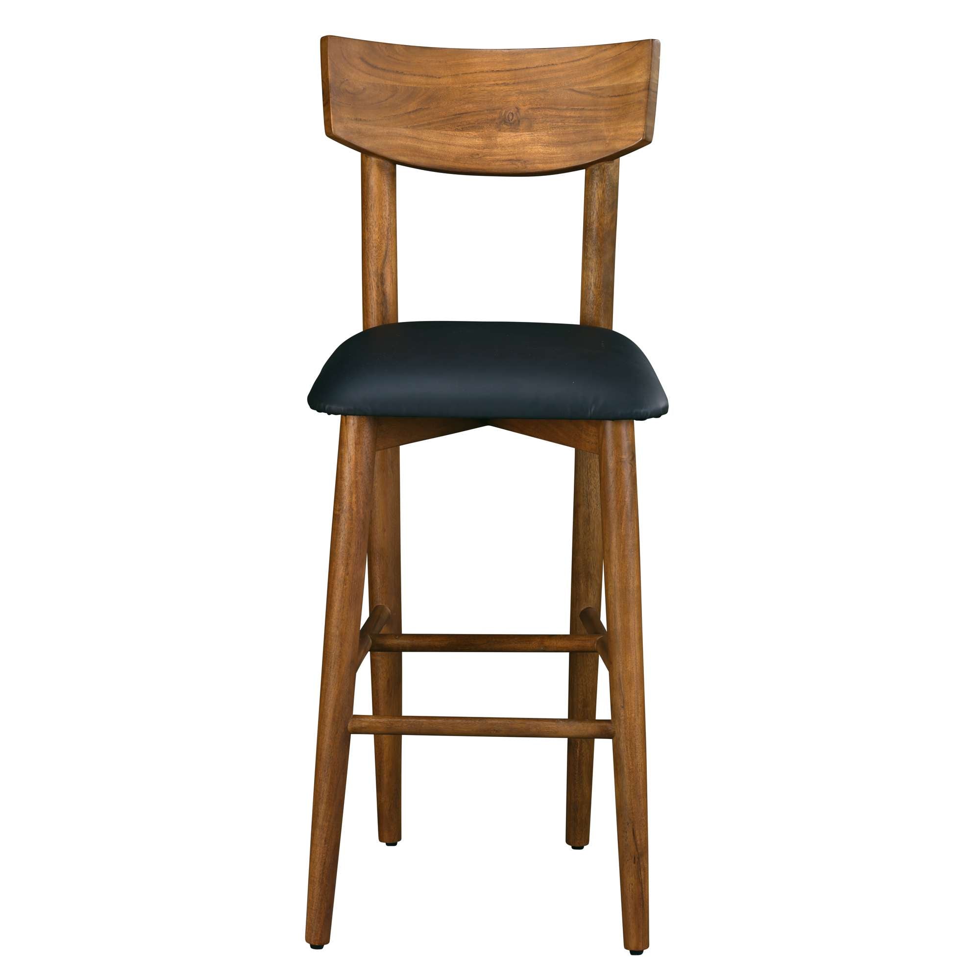 A tall wooden bar stool with a curved backrest and black cushioned seat.