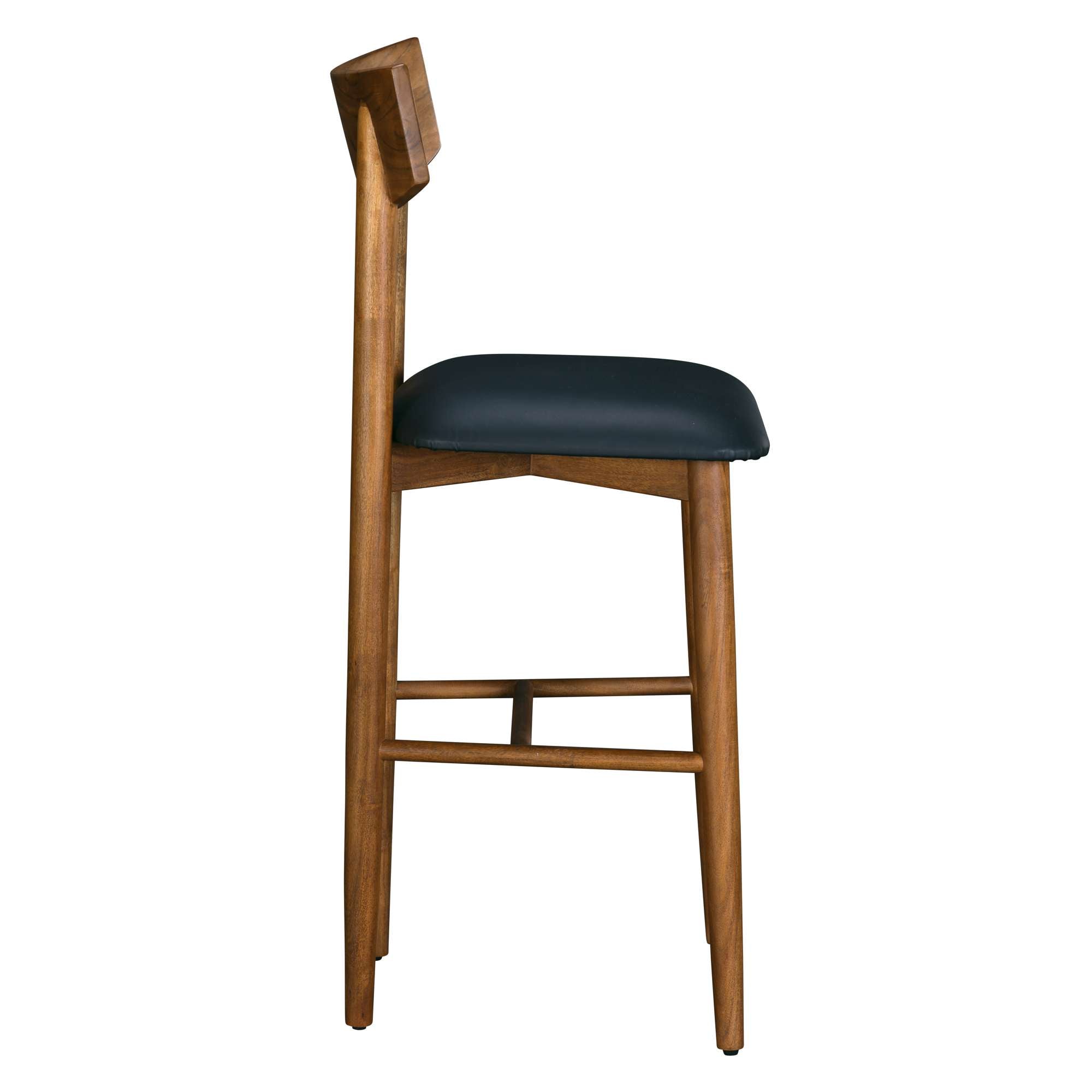 Side view of a wooden bar stool with a black seat