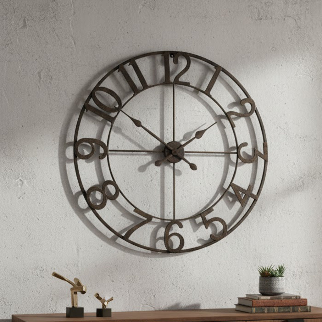 Large vintage wall clock, round metal design with rustic finish, featuring bold numerals and modern hands.