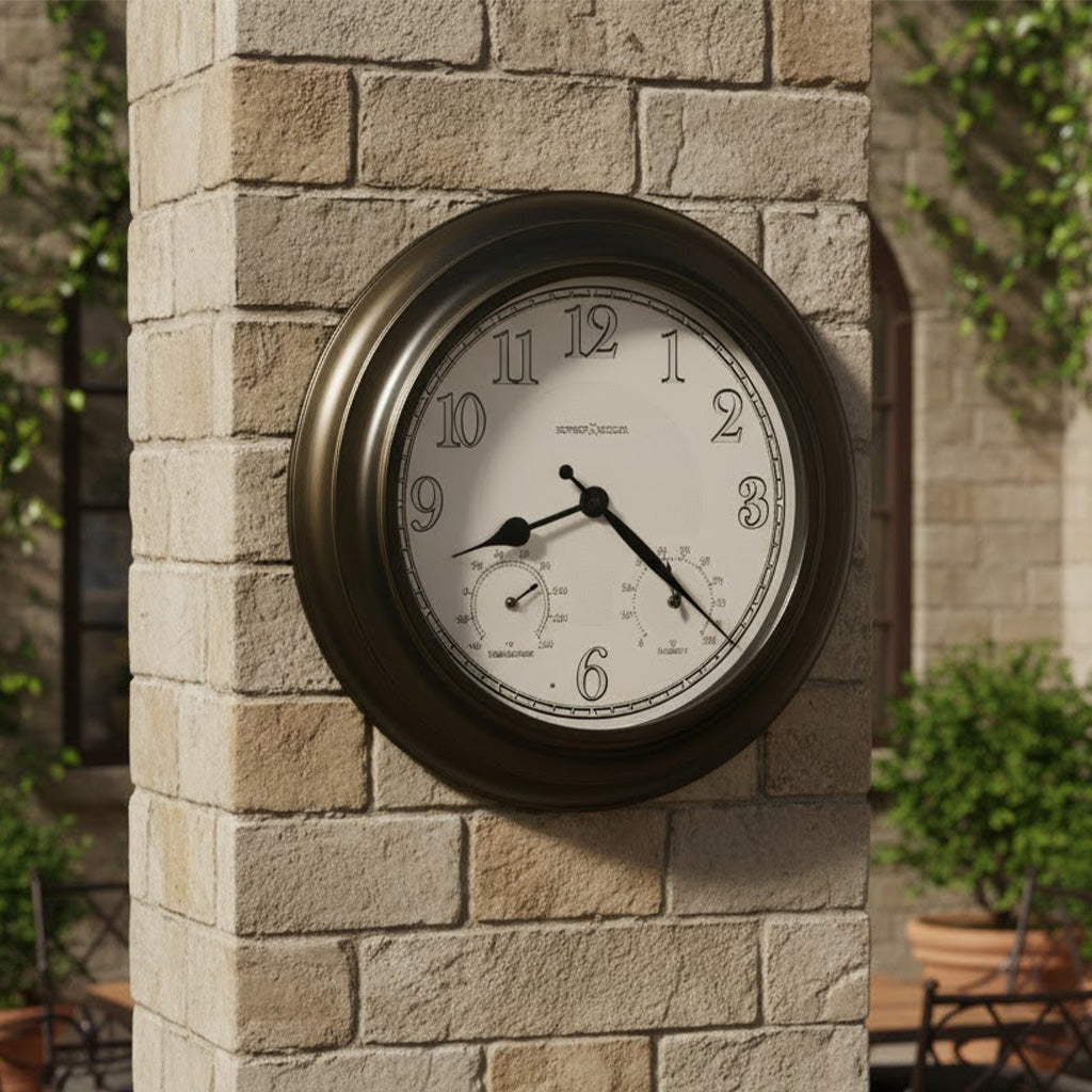 Elegant outdoor clock with bronze frame, white dial, temperature and humidity gauges, perfect for patios.
