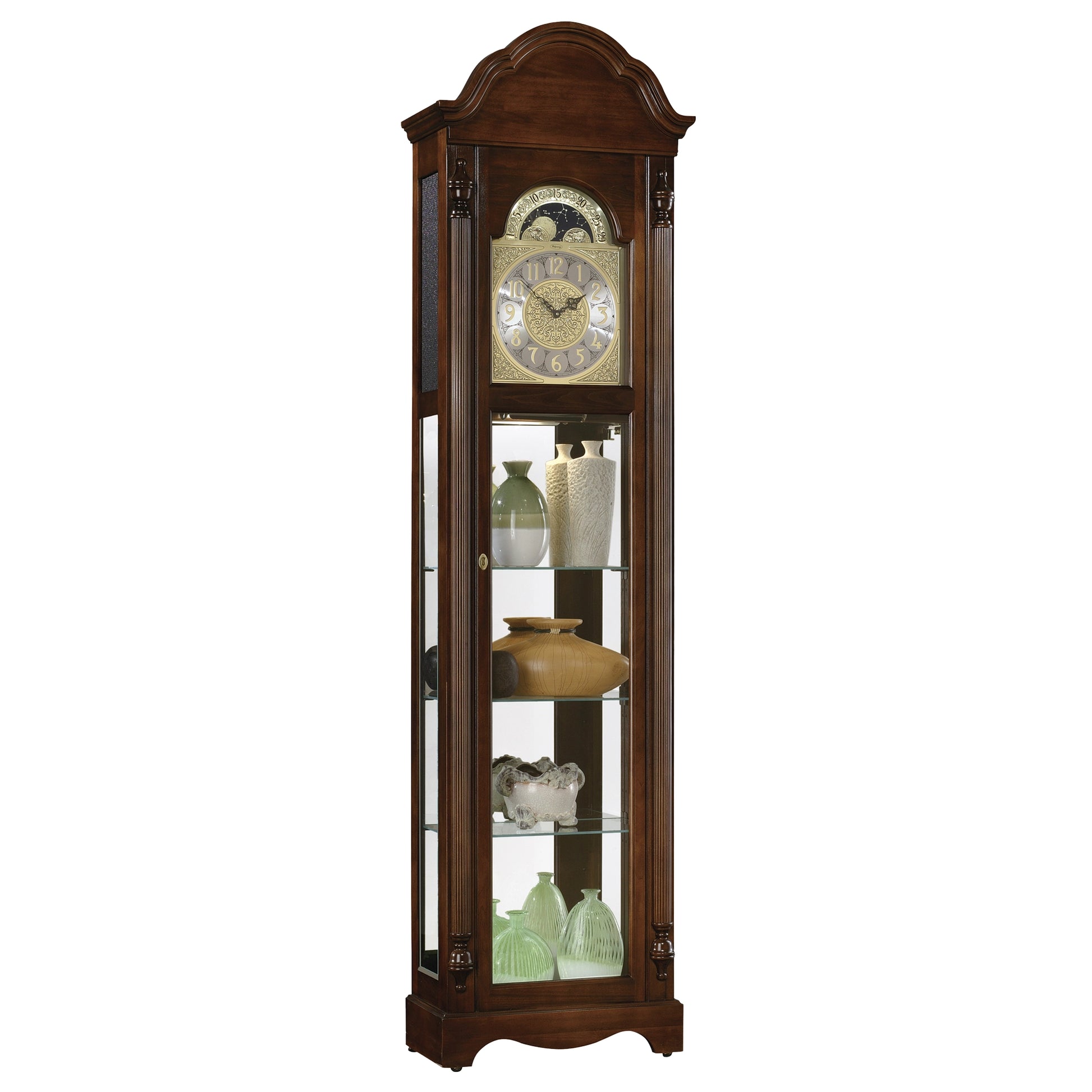 Elegant wooden curio cabinet with clock, glass shelves, and decorative vases, dark cherry finish.