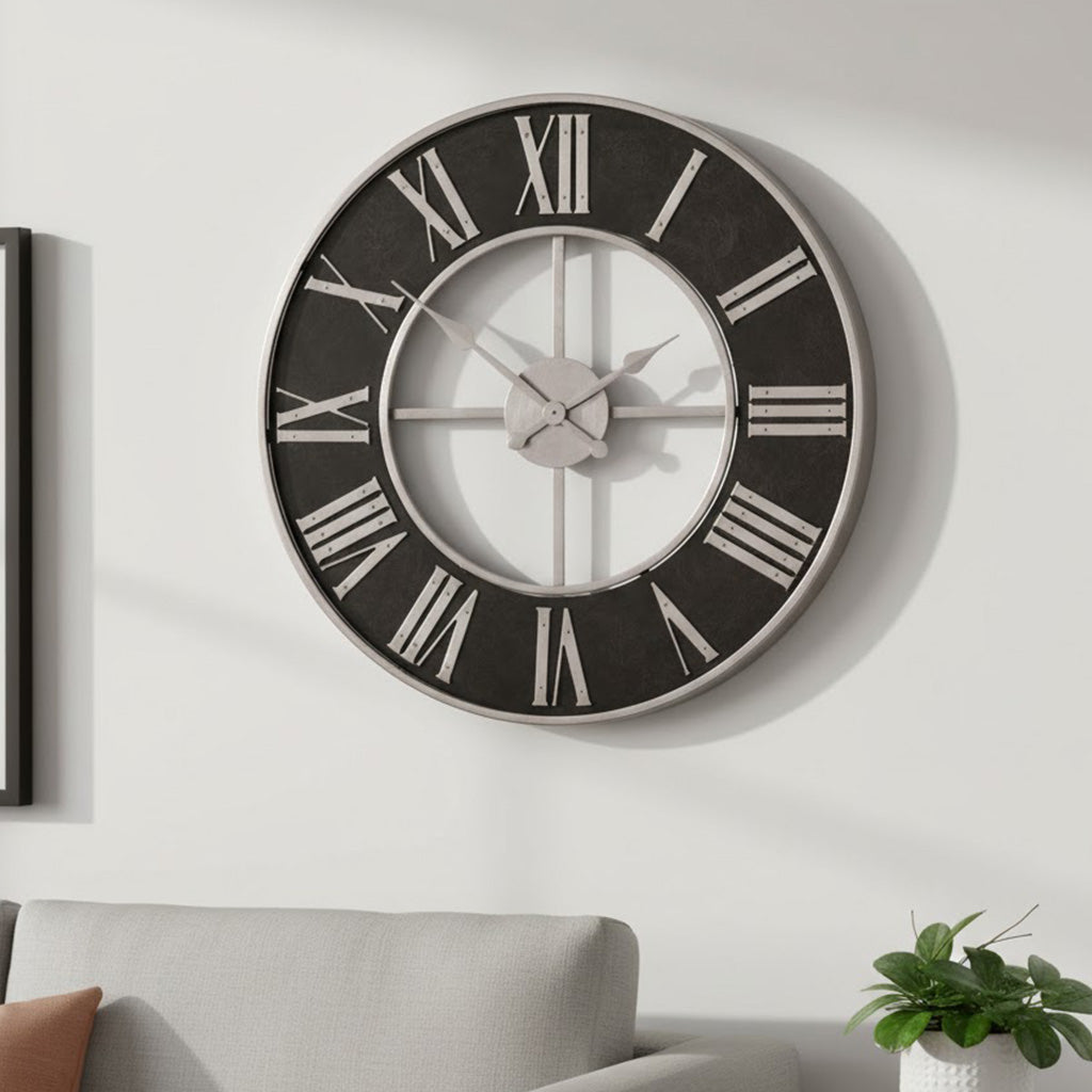Vintage black wall clock with Roman numerals and metal frame, perfect for home decor.