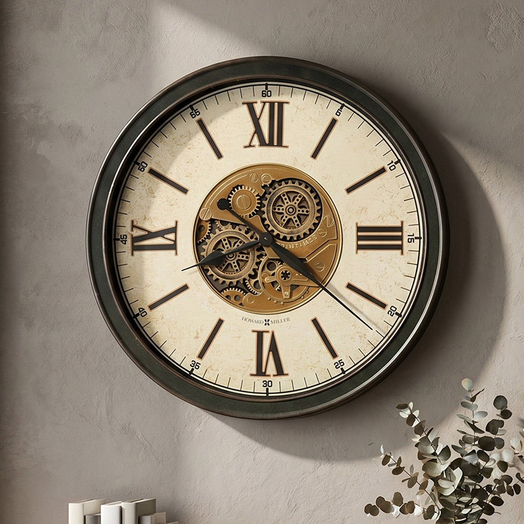 Decorative wall clock with visible gears and Roman numerals on a grey wall