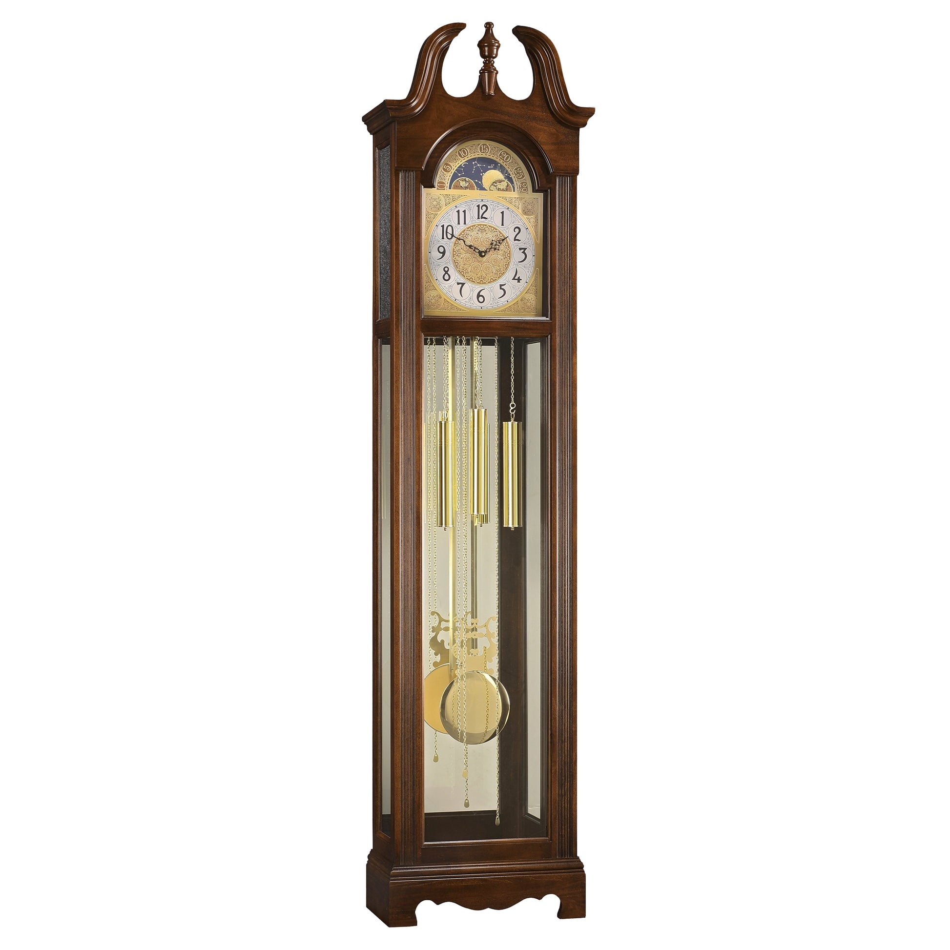 Elegant wooden grandfather clock in dark brown, featuring a pendulum and gold accents.