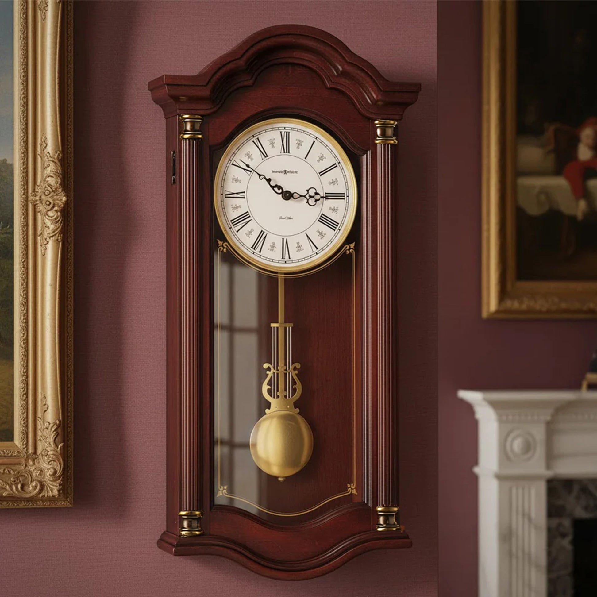 Elegant wooden wall clock with gold accents, traditional design, features pendulum and roman numerals.