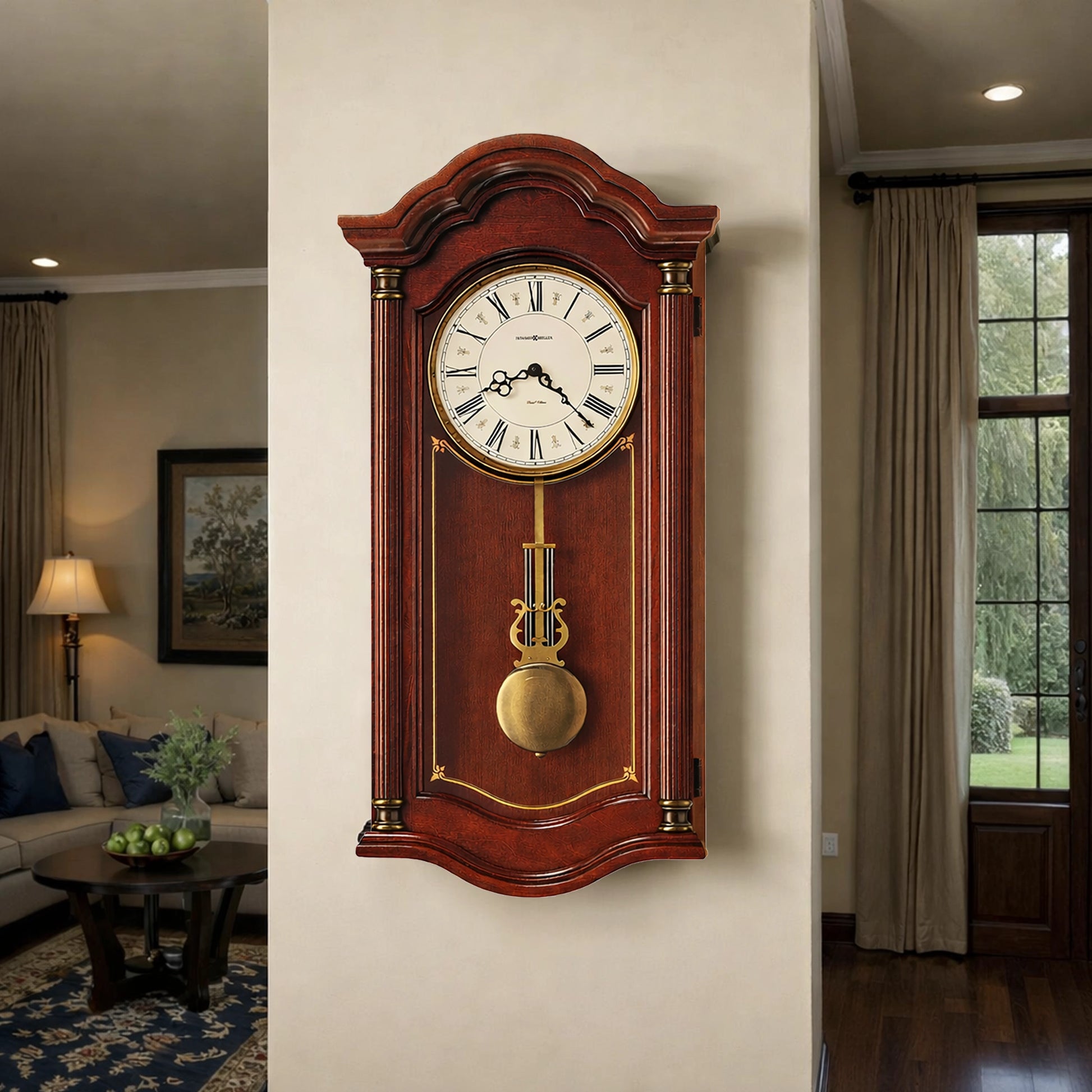 Elegant wooden wall clock in mahogany finish with brass pendulum and classic Roman numeral dial.