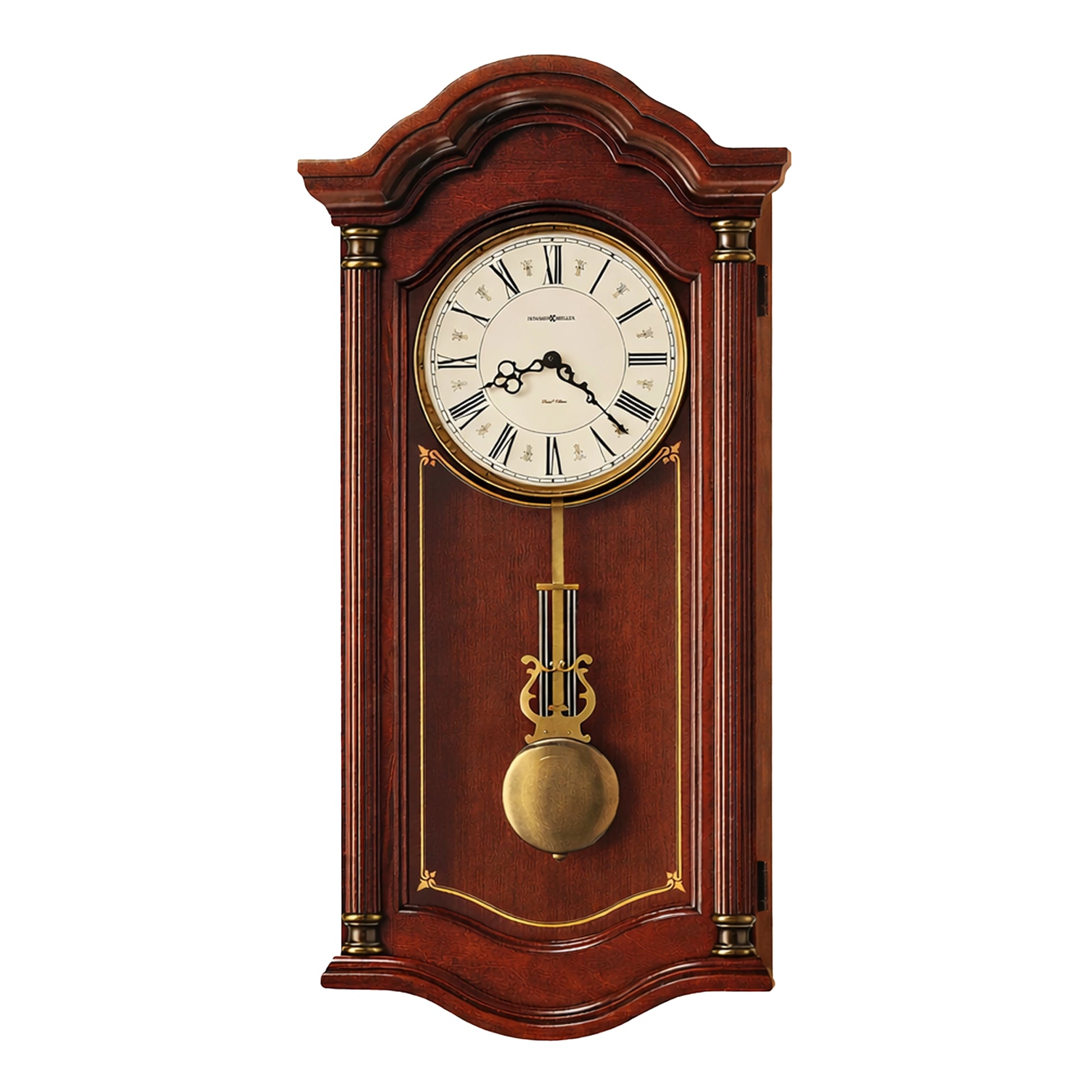 Classic wooden wall clock with pendulum, brass accents, and white Roman numeral dial on rich mahogany.