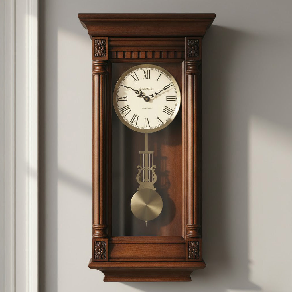 Traditional wooden wall clock with pendulum, walnut finish, Roman numerals, and glass front.