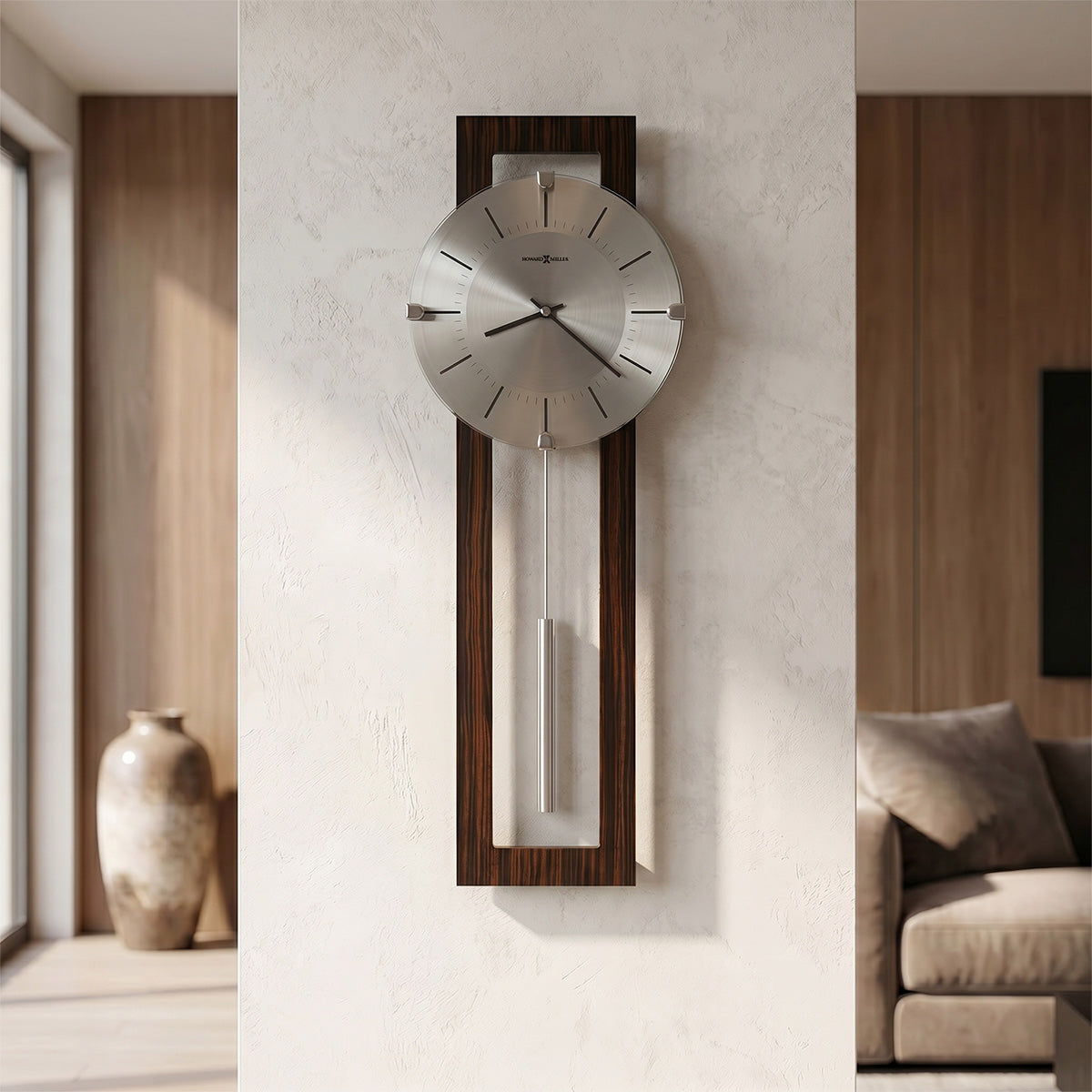 Wall clock with wooden frame and silver face in a living room setting