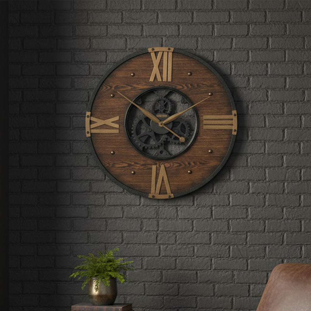 Vintage wooden wall clock with gears and Roman numerals in dark brown and black.