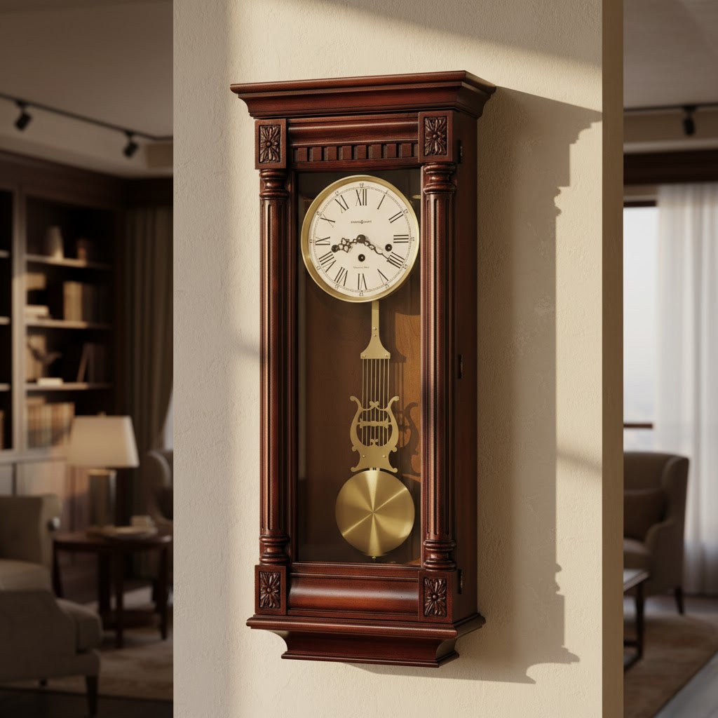 Elegant wooden wall clock with gold pendulum and white Roman numeral dial, perfect for home decor.