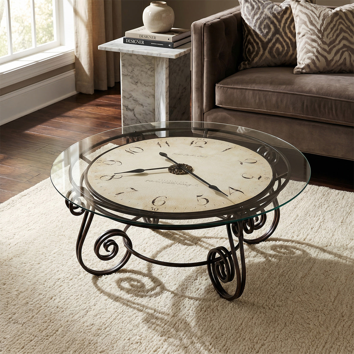 Decorative coffee table with clock face design in a living room setting