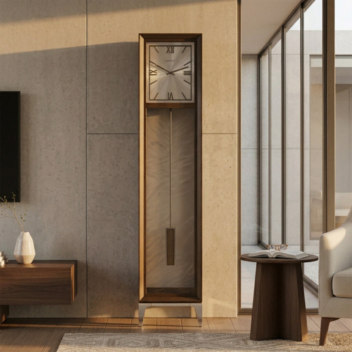Tall wooden grandfather clock in a modern living room setting.