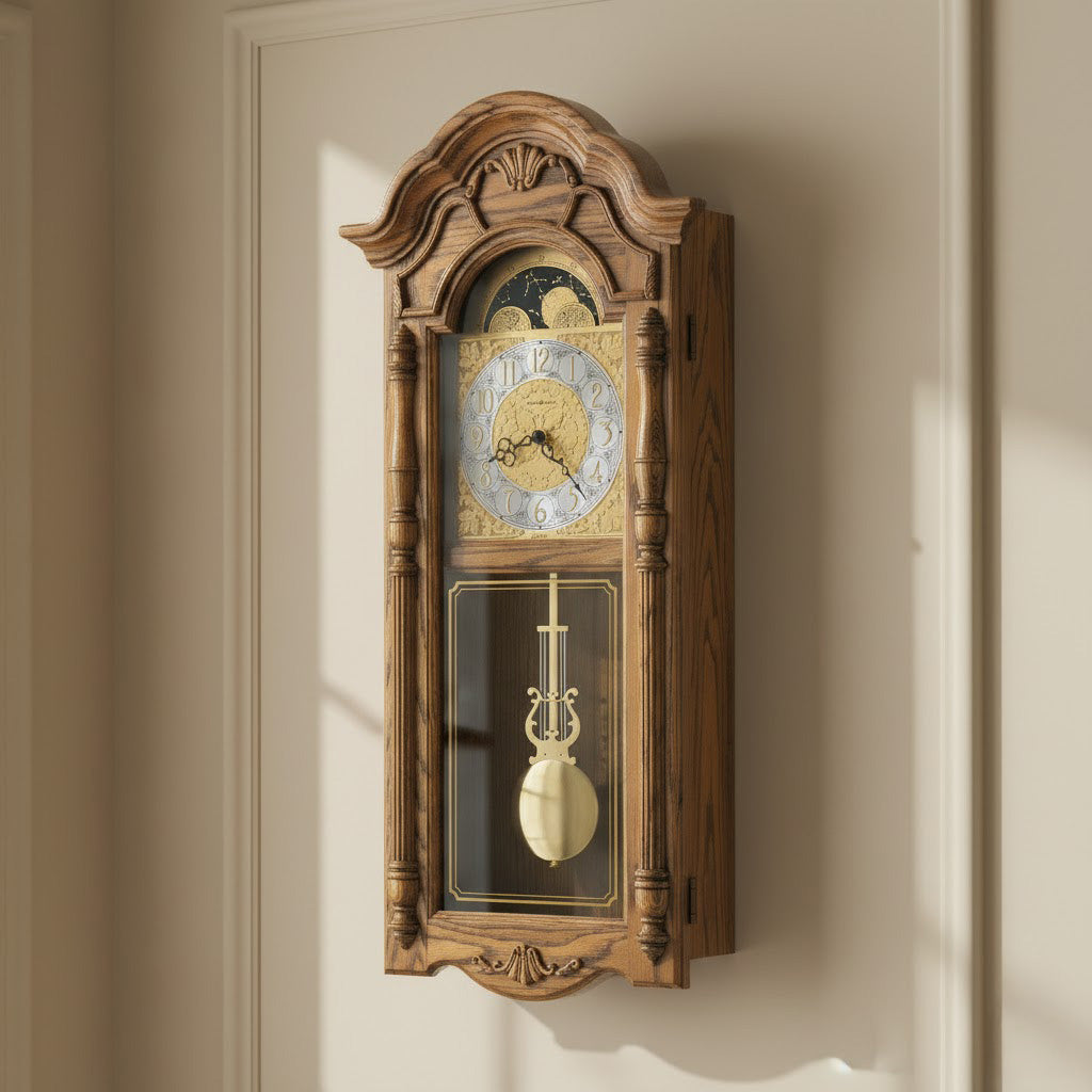 Elegant oak wall clock with gold accents, pendulum, and ornate design, perfect for classic decor.
