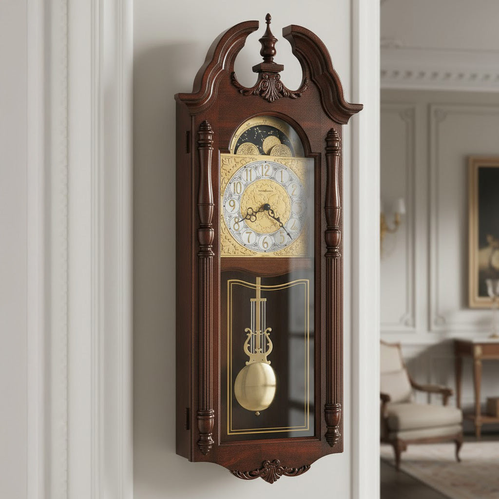 Elegant wooden grandfather clock in mahogany with gold accents and pendulum detail.