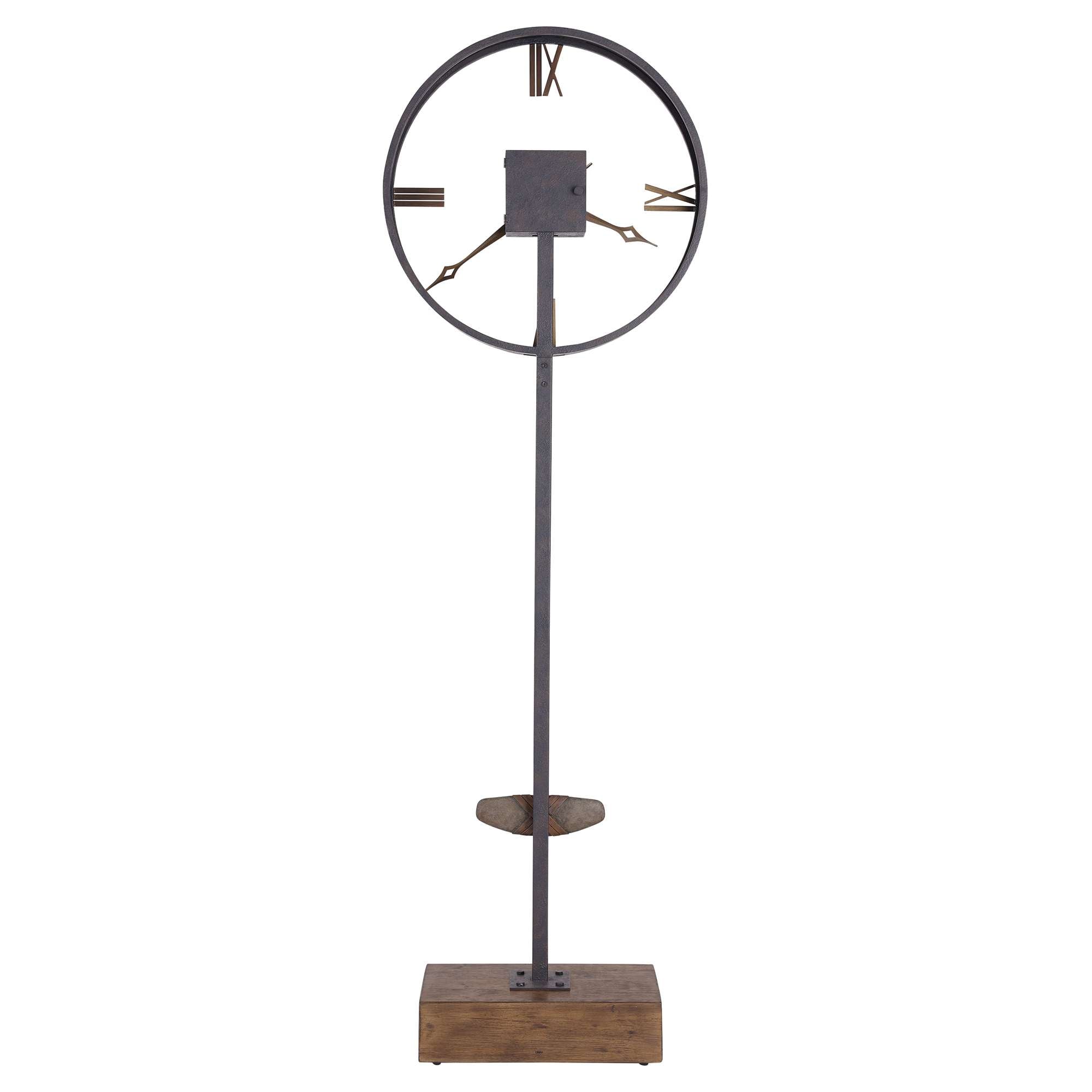 Industrial-style clock on a stand with a wooden base.