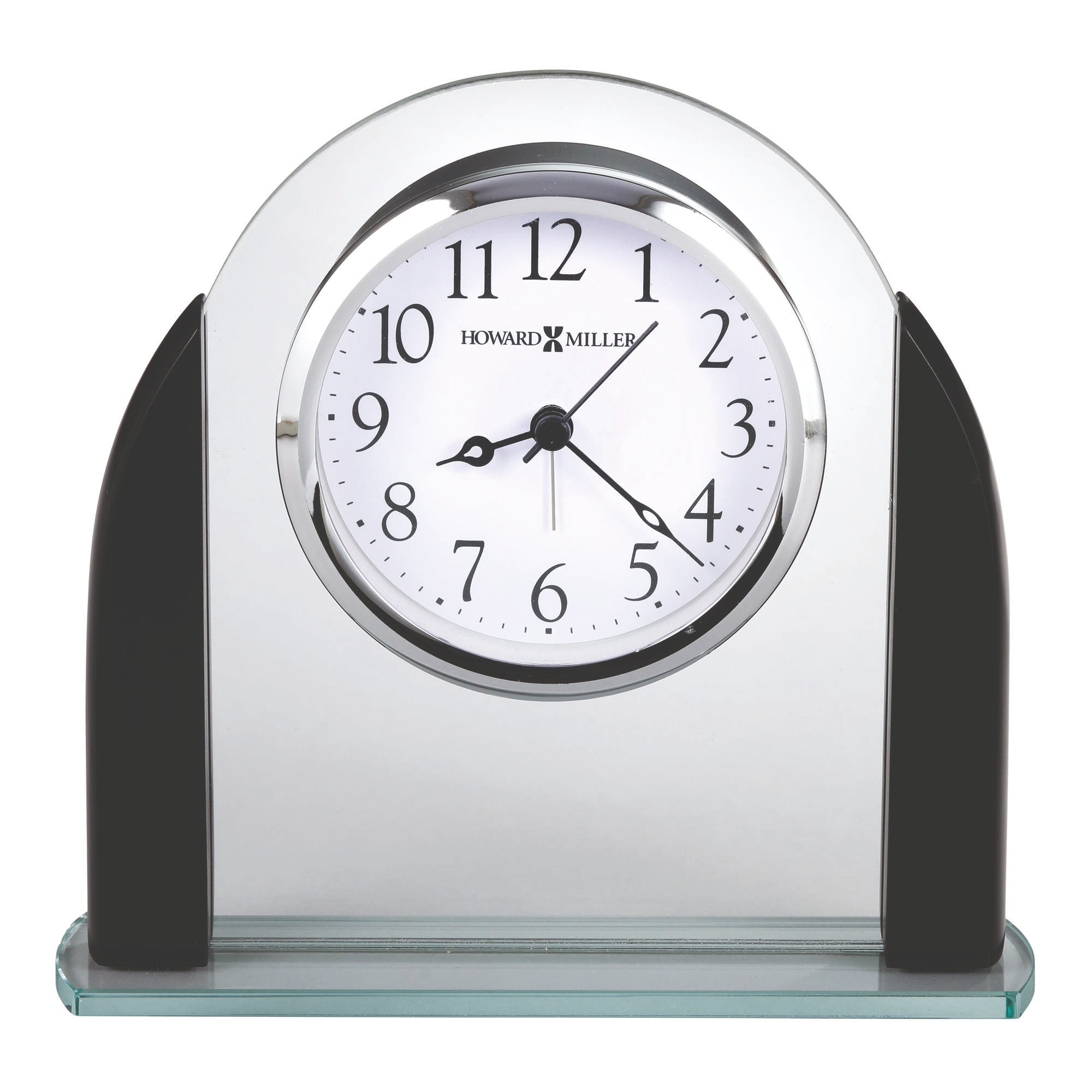 A decorative desk clock with a silver frame and black accents.