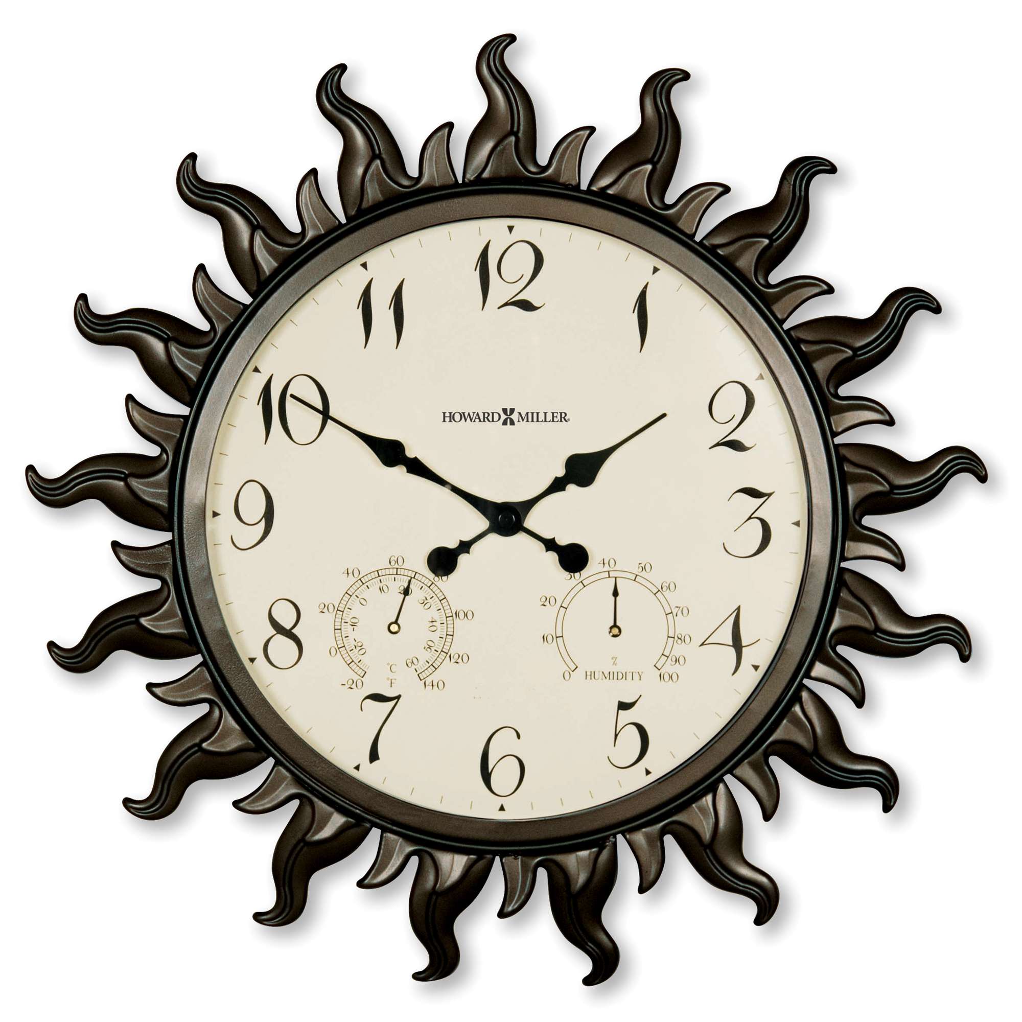 A round wall clock with a sunburst design, featuring numbers, clock hands, and barometer dials.