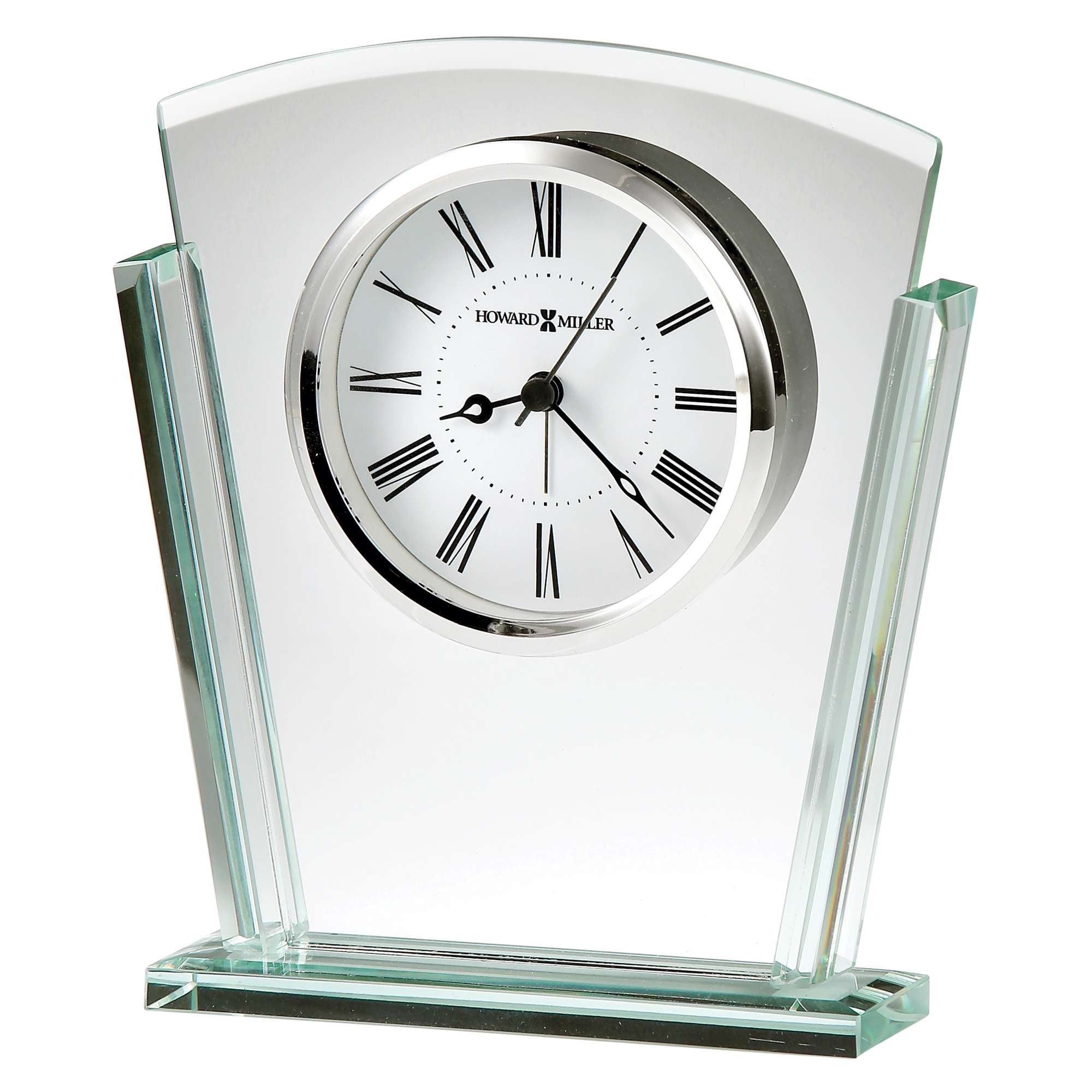 A stylish glass desk clock with a round face and Roman numerals.