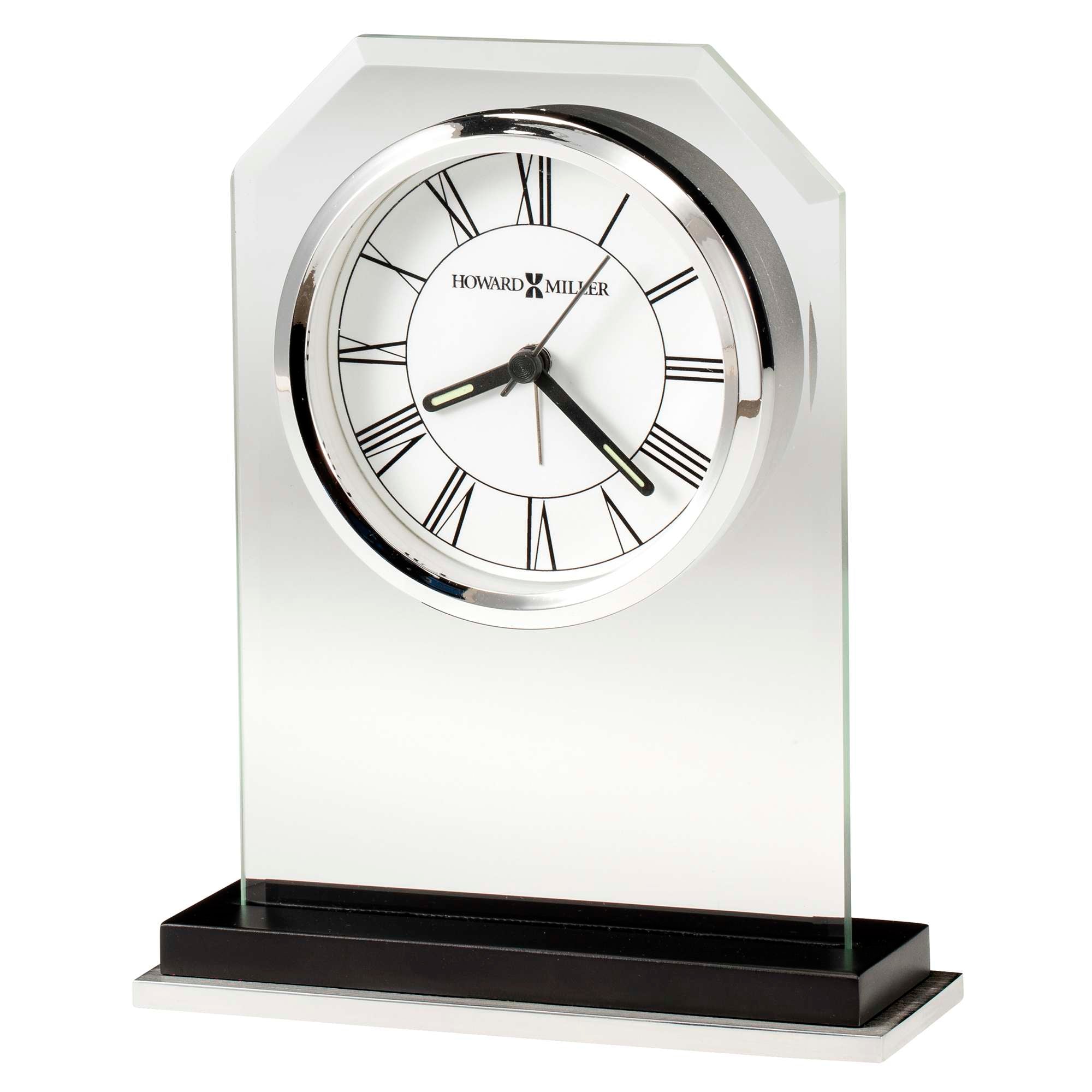 A decorative tabletop clock with a glass and black base, featuring Roman numerals and elegant hands.