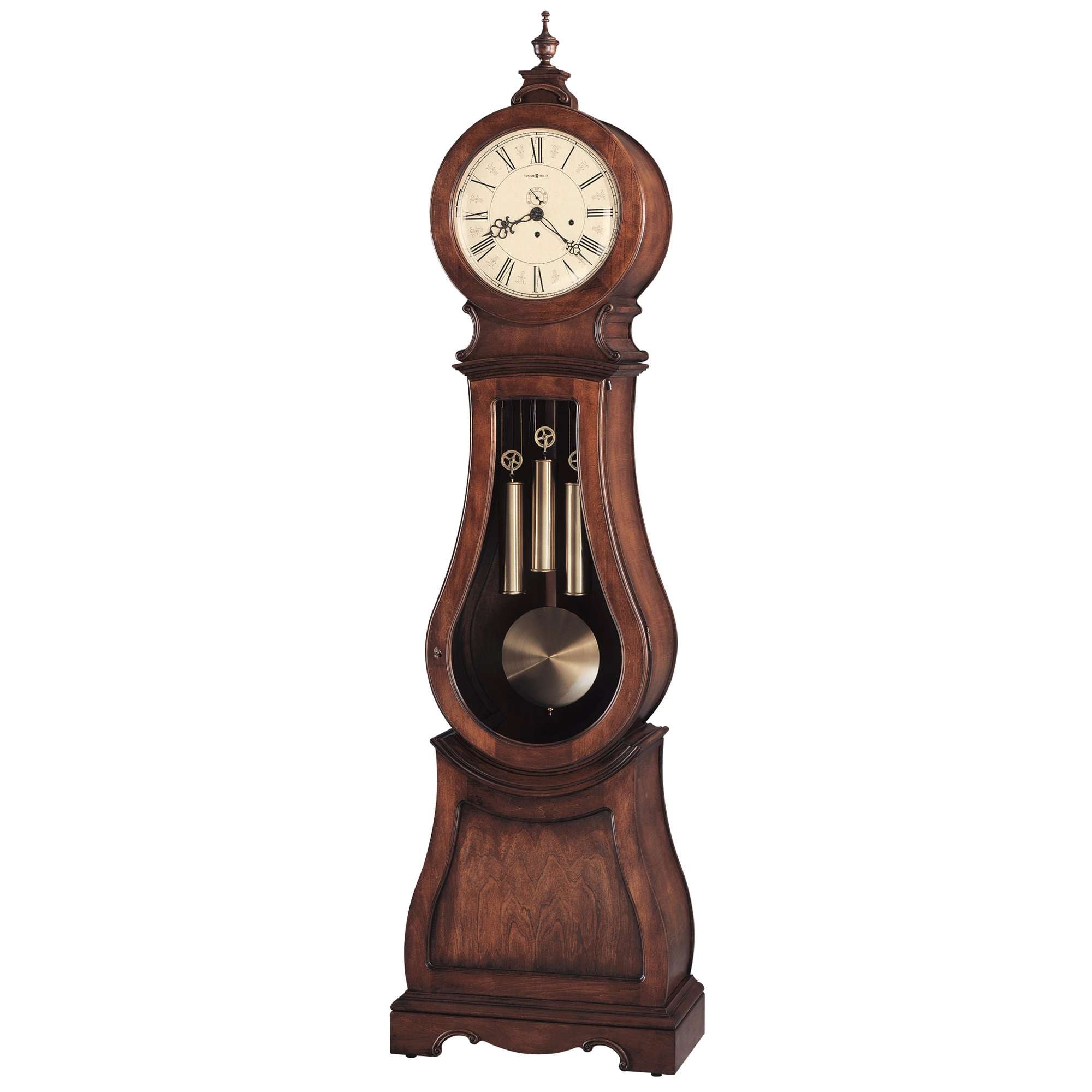 Antique wooden grandfather clock with pendulum and ornate design.