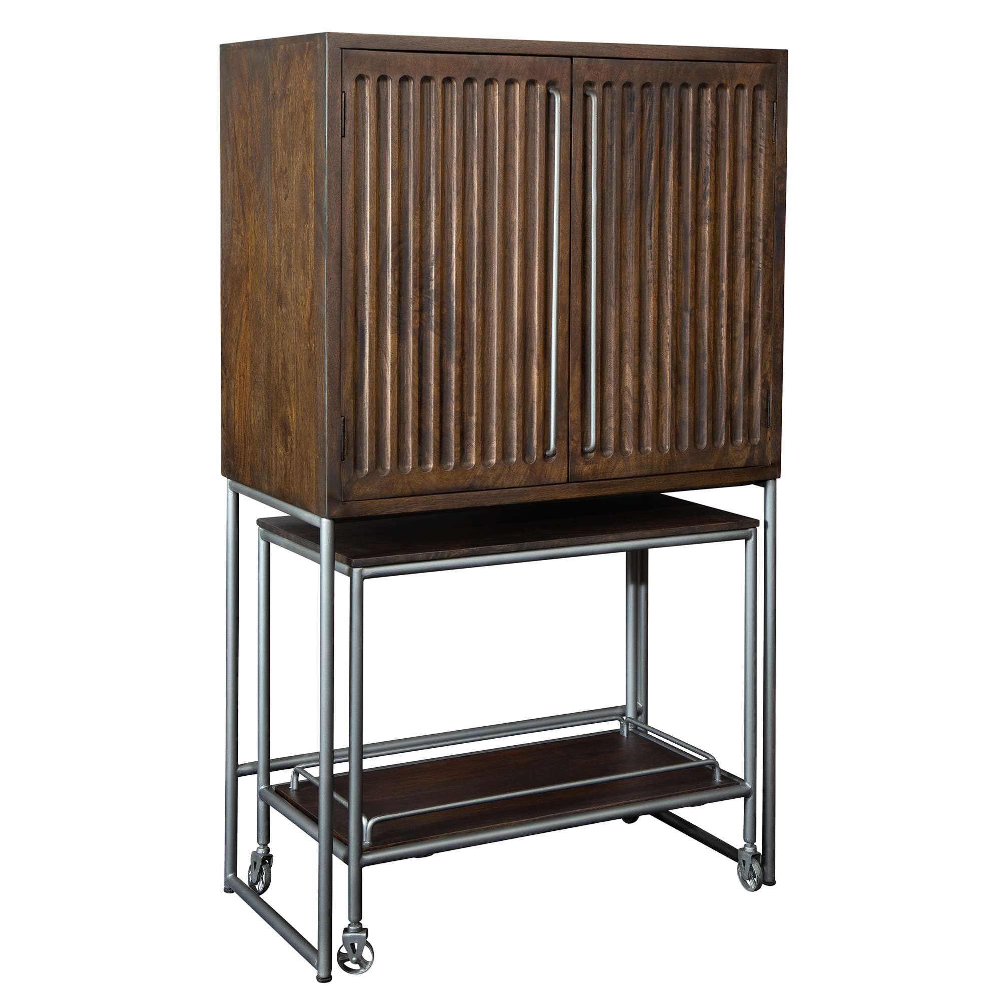 Wooden cabinet with slatted doors on a metal frame with lower shelf