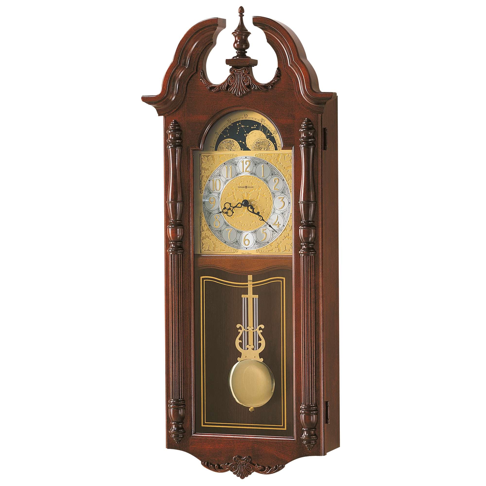 Traditional wall clock with ornate design and pendulum