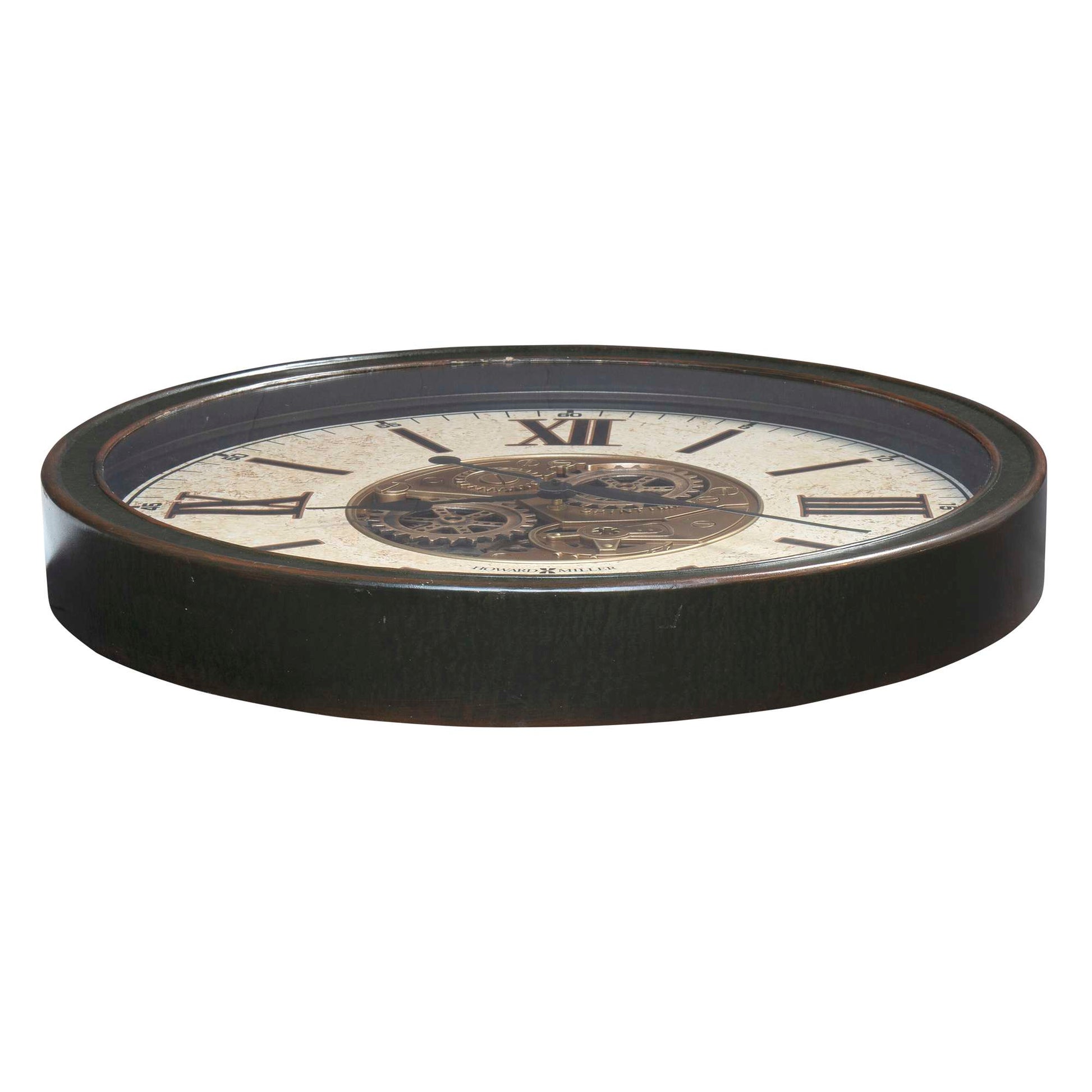 Black round wall clock with Roman numerals and intricate clock face design.
