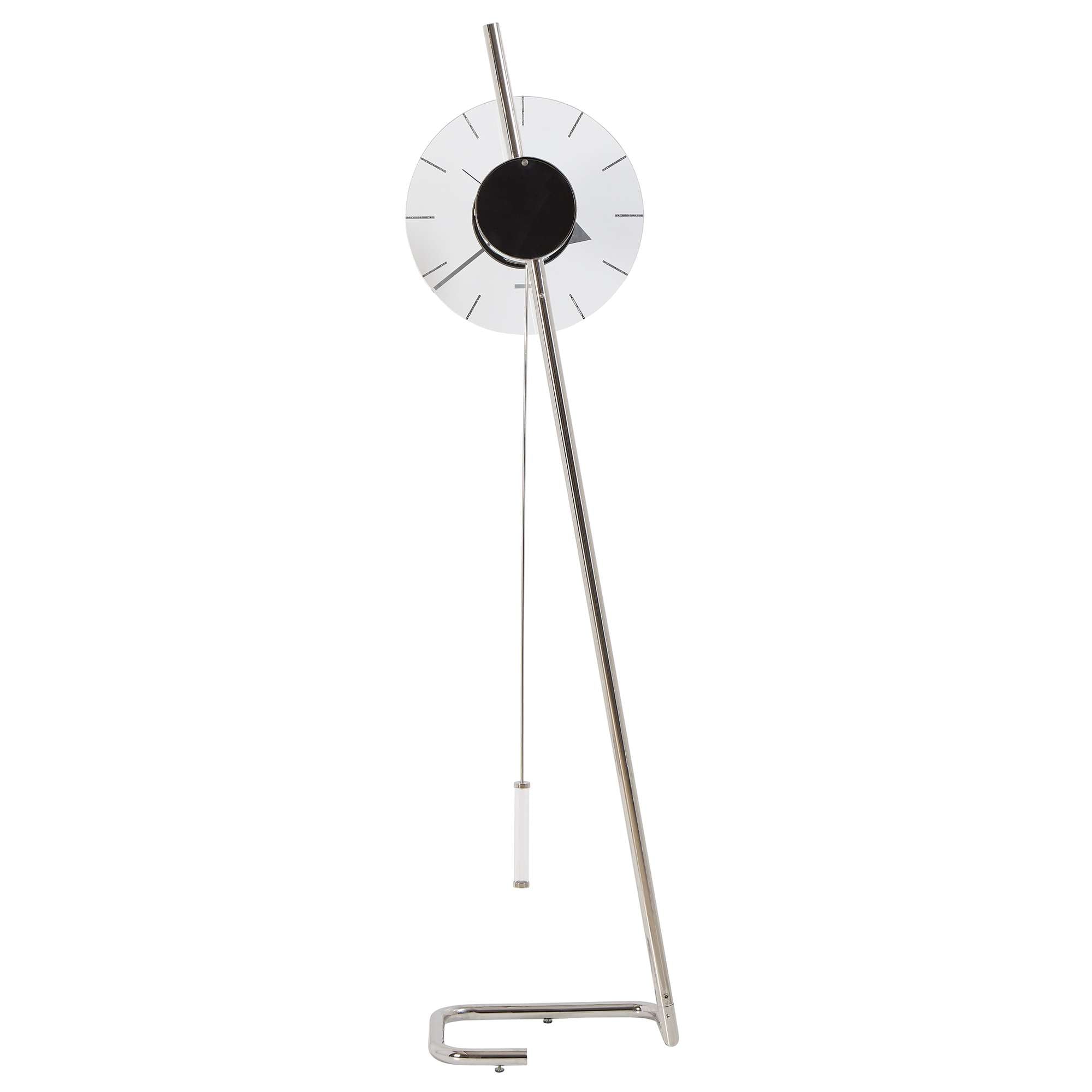 A modern wall clock with a minimalist design, featuring a sleek metallic frame and a circular face.