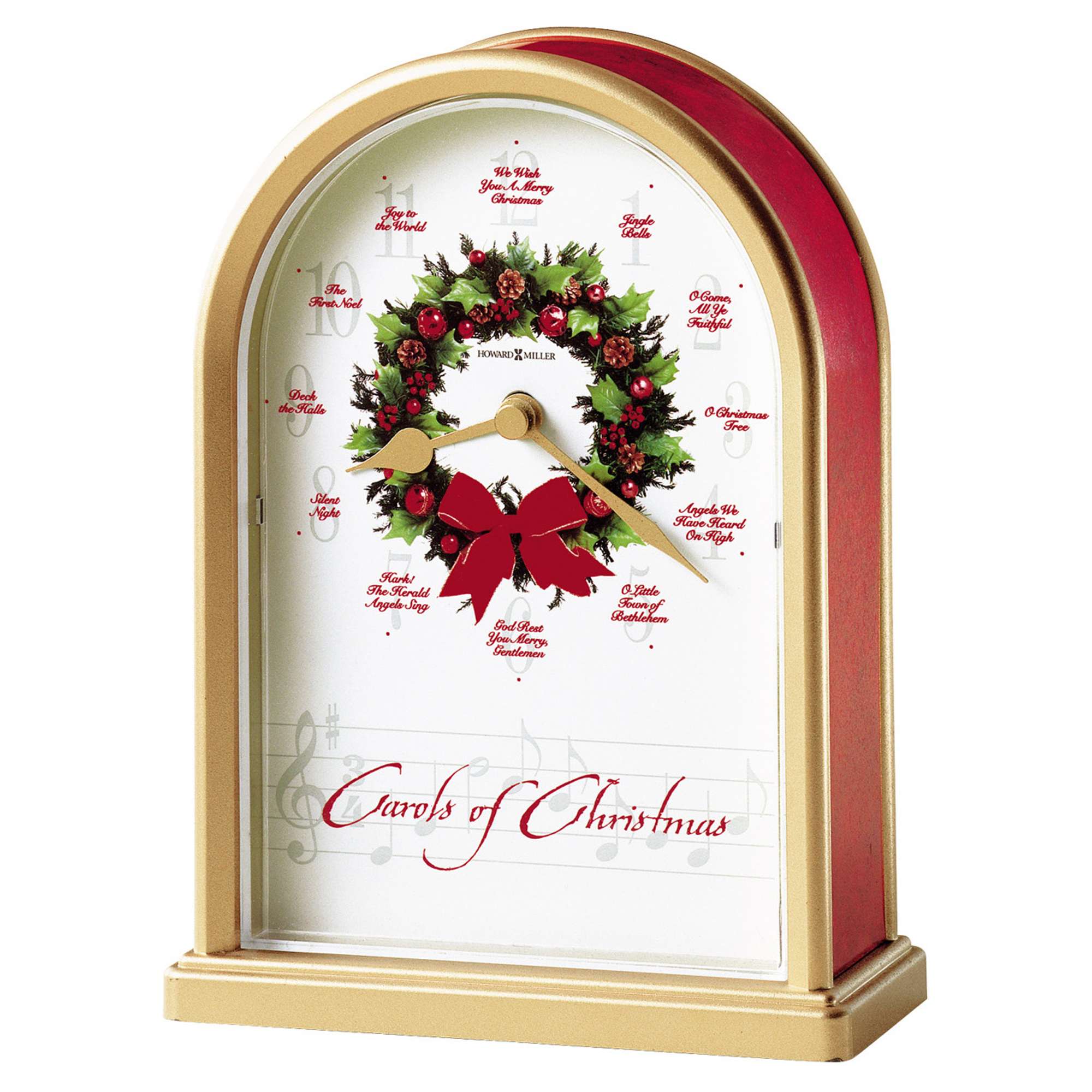 A decorative Christmas clock featuring a festive wreath and musical notes.