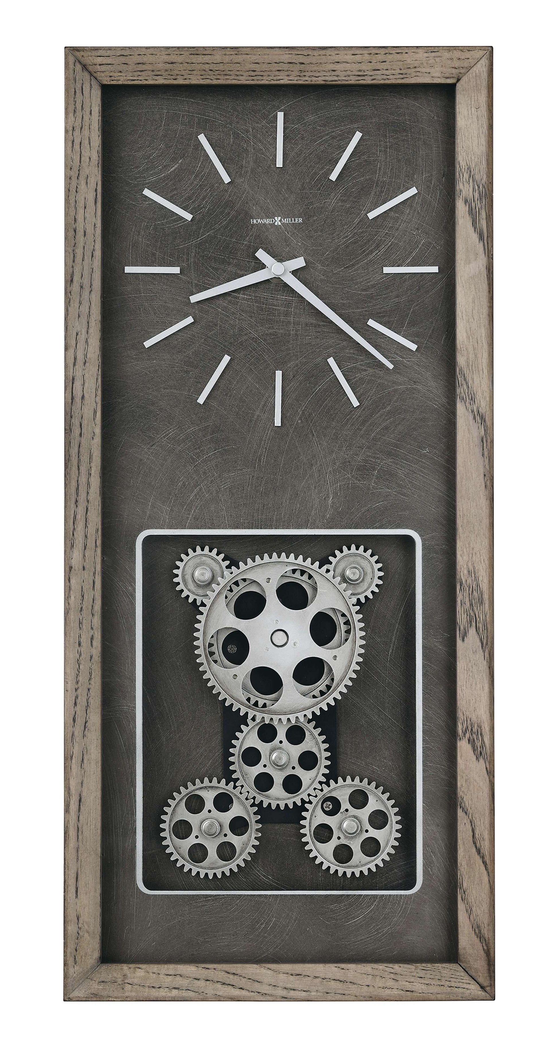 A wall clock with a bear design made of gears and a wooden frame.
