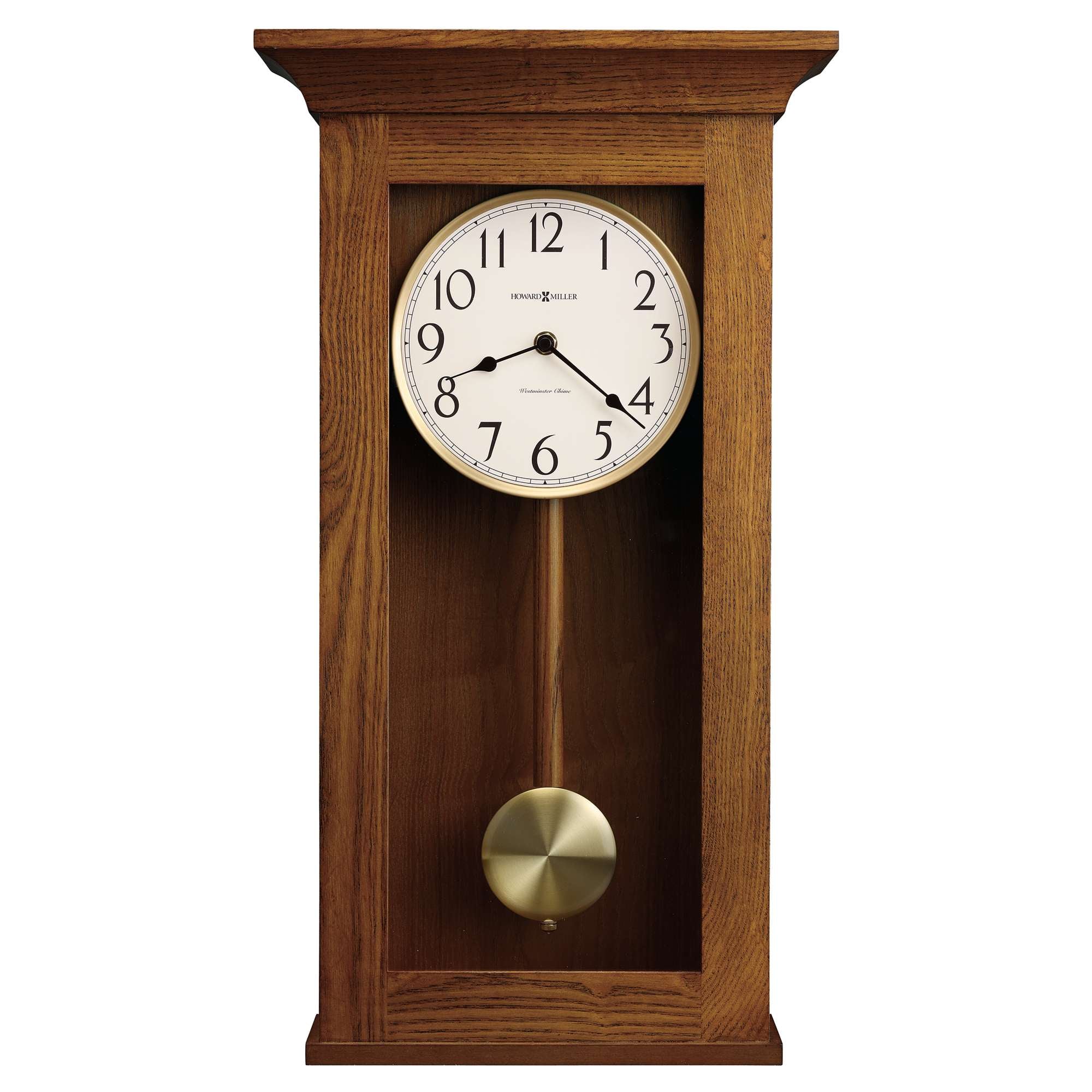Wooden wall clock with a white face and pendulum