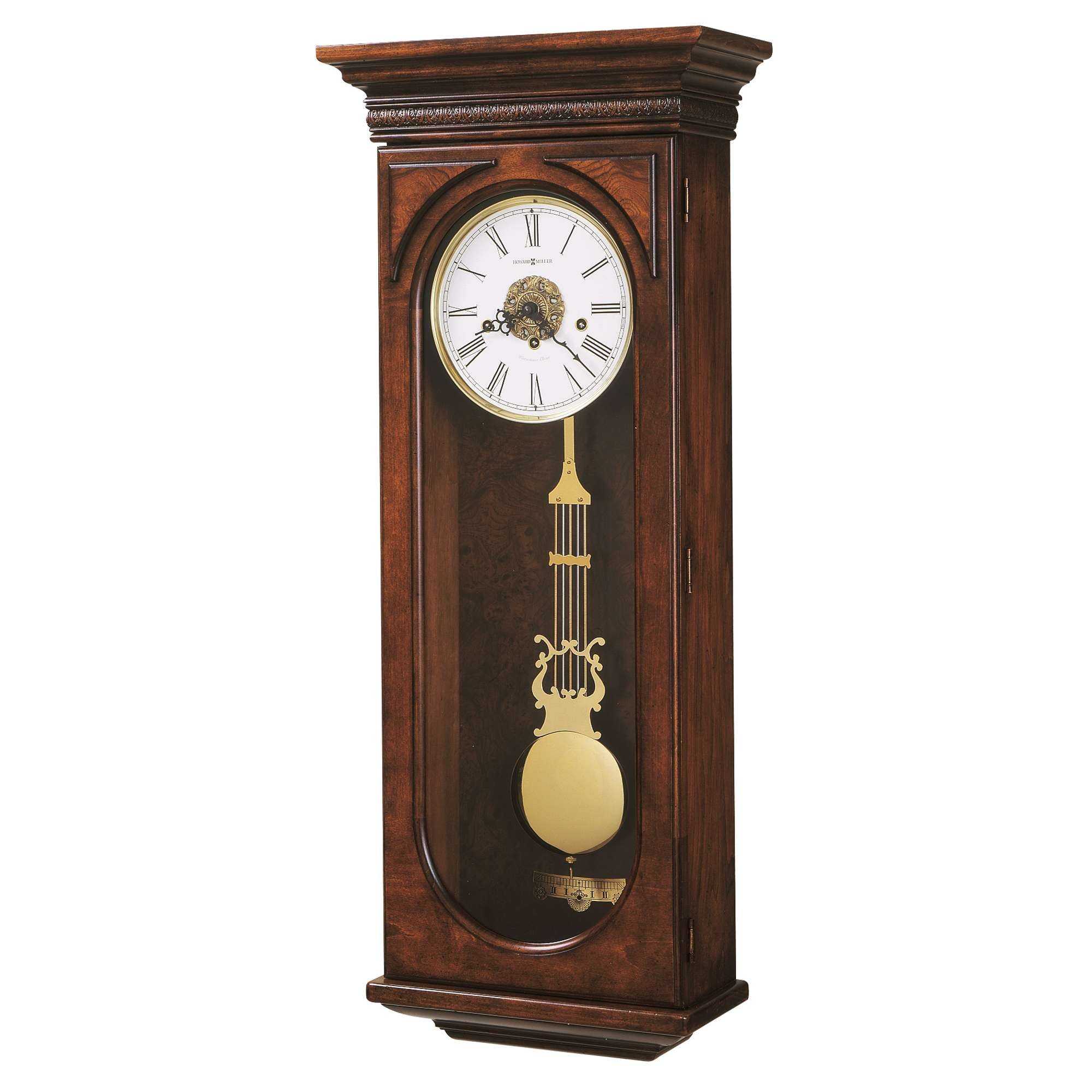 A wooden wall clock with a white face and pendulum in an elegant design.