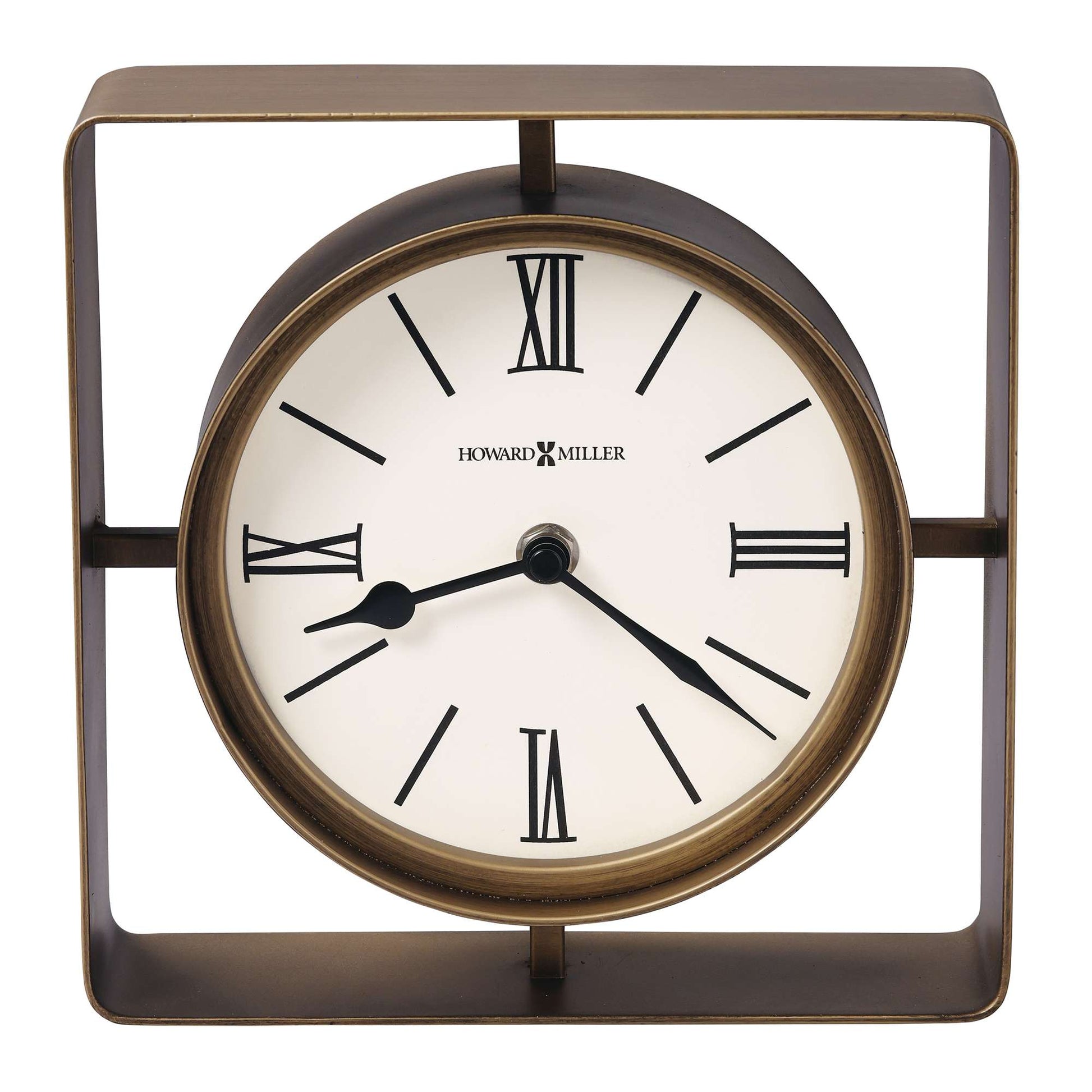 Round wall clock with Roman numerals in a square metal frame
