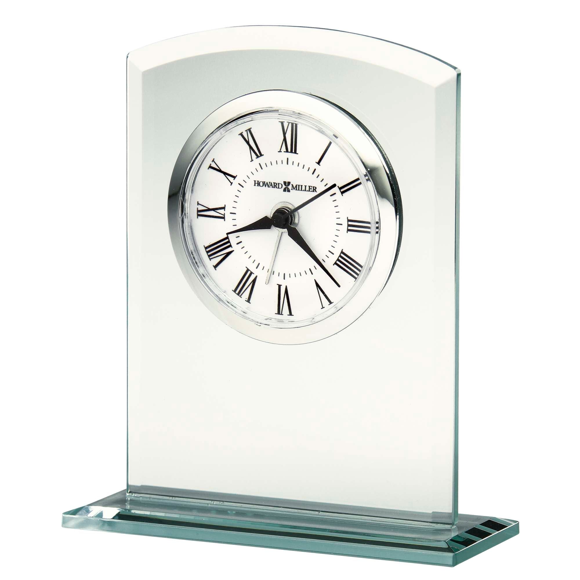 A clear glass desk clock with Roman numerals and a sleek design.