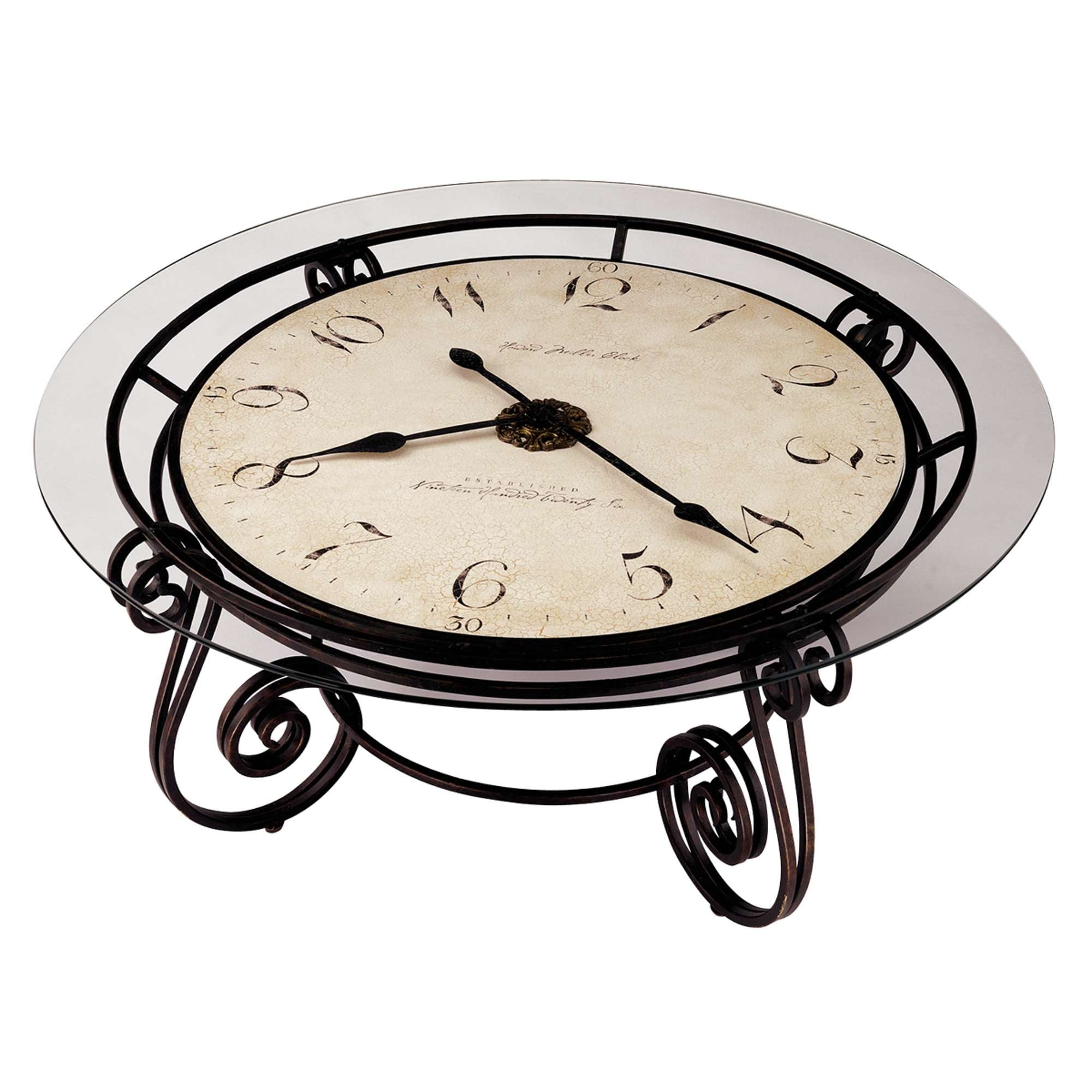 Antique-style table clock with a round face and decorative metal base.