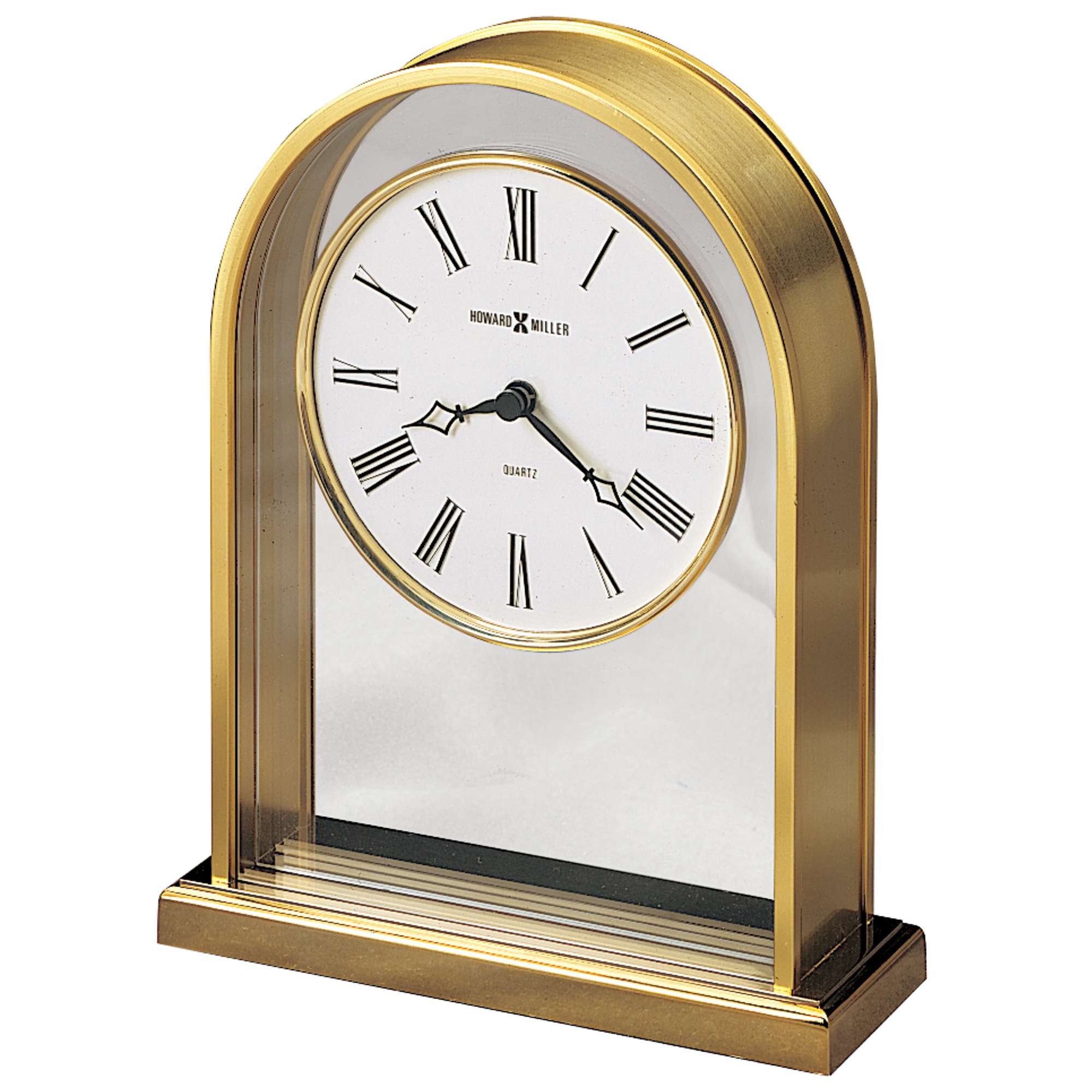 Classic gold mantel clock with Roman numerals and glass front.